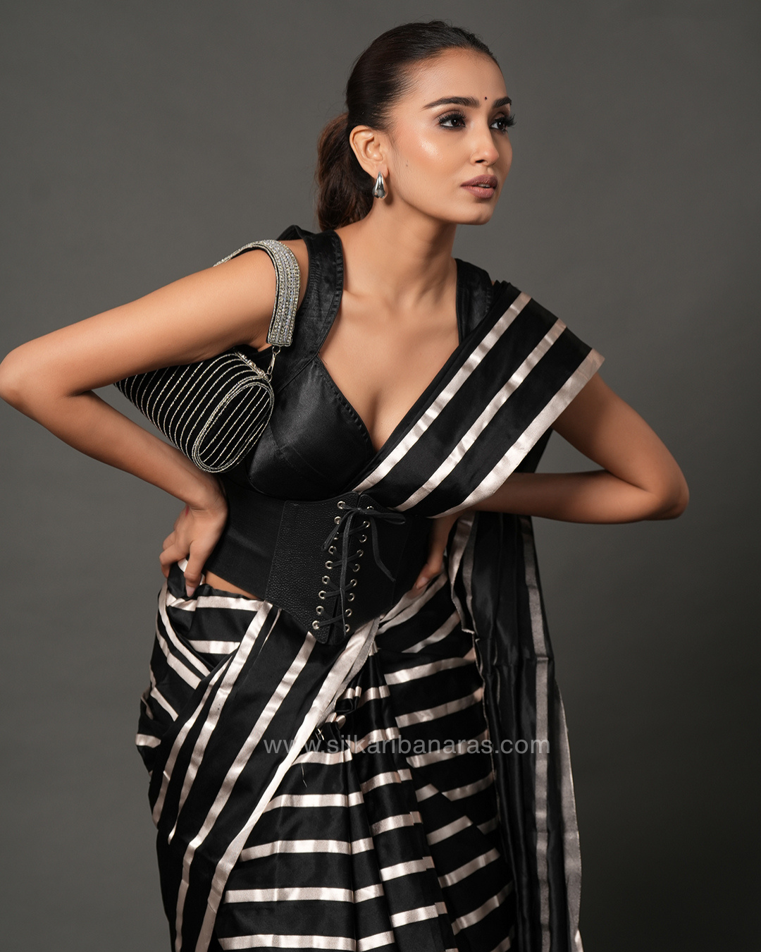 Midnight Glam Striped Designer Saree in Black & Silver