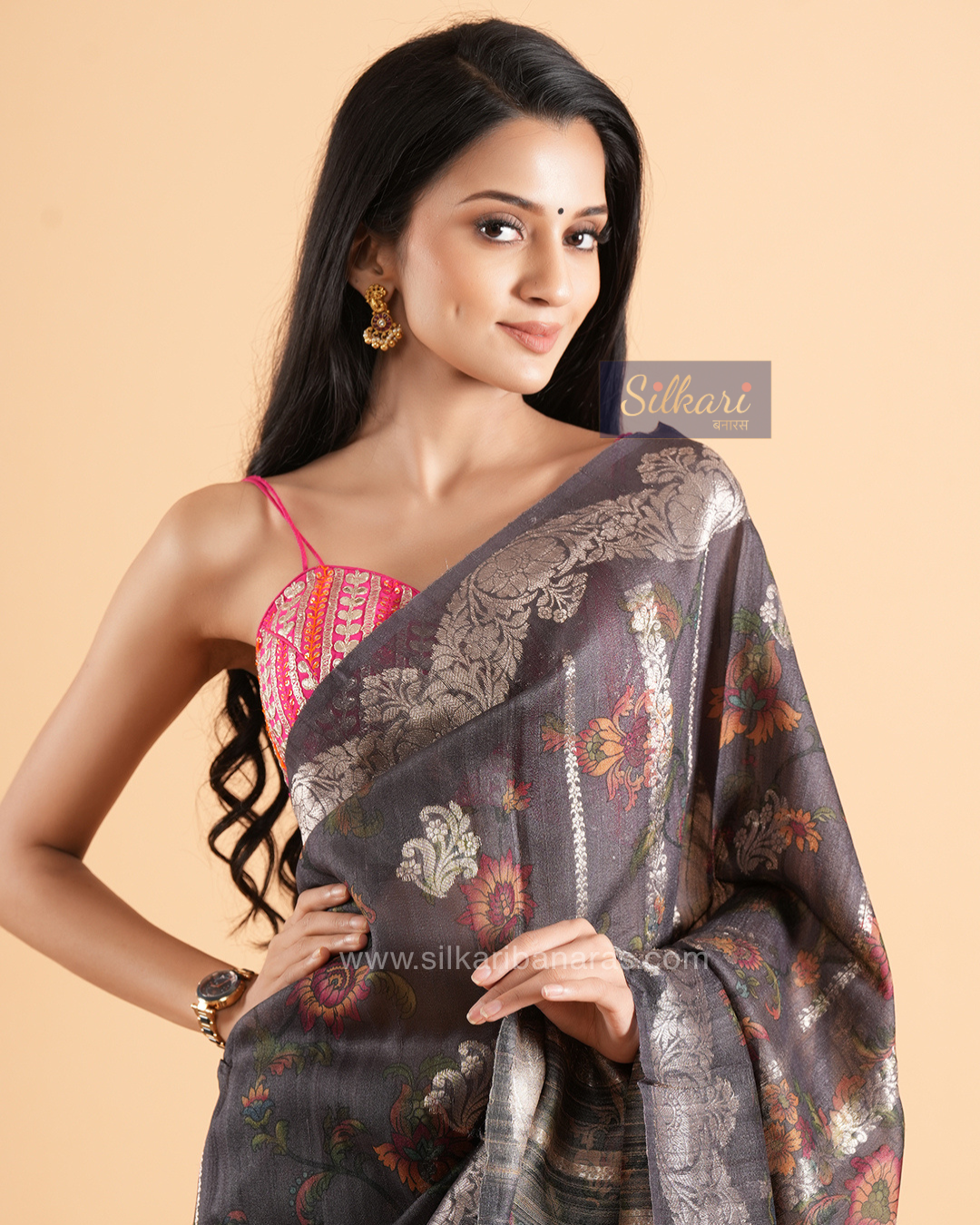 Banarasi Tussar Silk Saree in Charcoal Grey