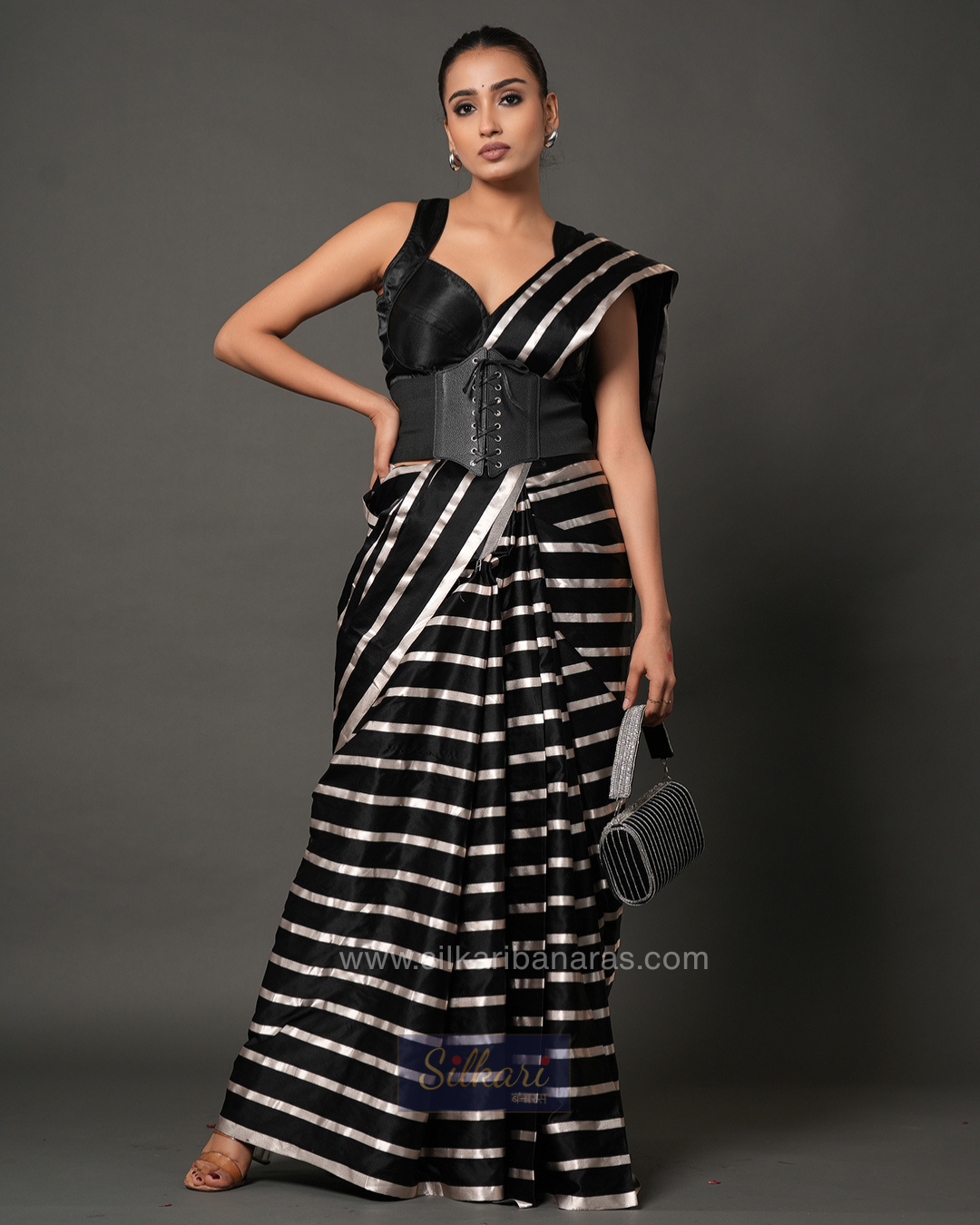 Midnight Glam Striped Designer Saree in Black & Silver