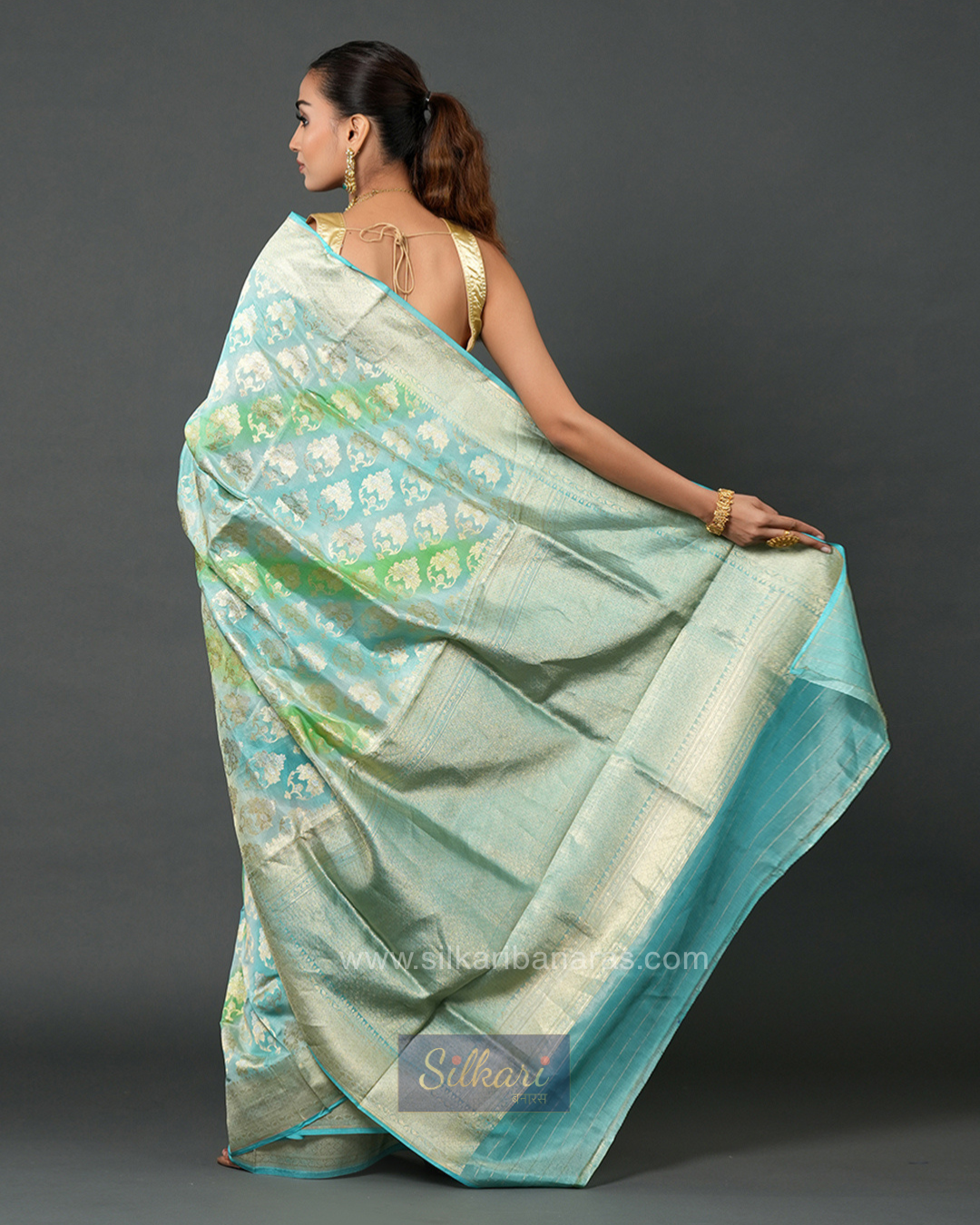 Sky Blue & Sea Green Banarasi Silk Saree with Floral Zari Weave - Tissue Katan Silk