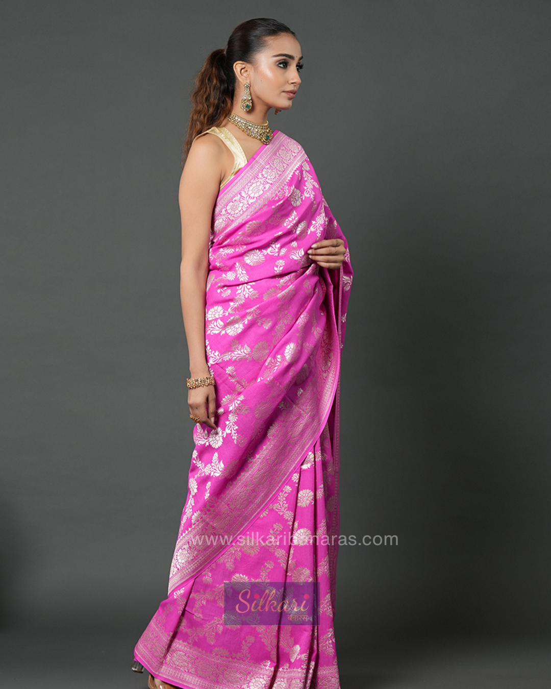 Magenta Pink Banarasi Moonga Silk Saree