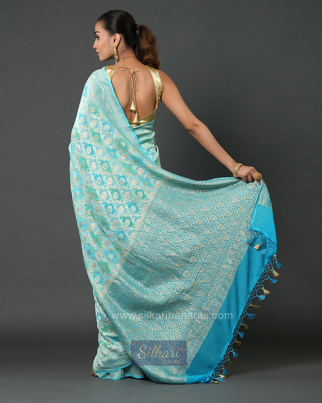 Banarasi Khaddi Georgette Saree in Turquoise Blue