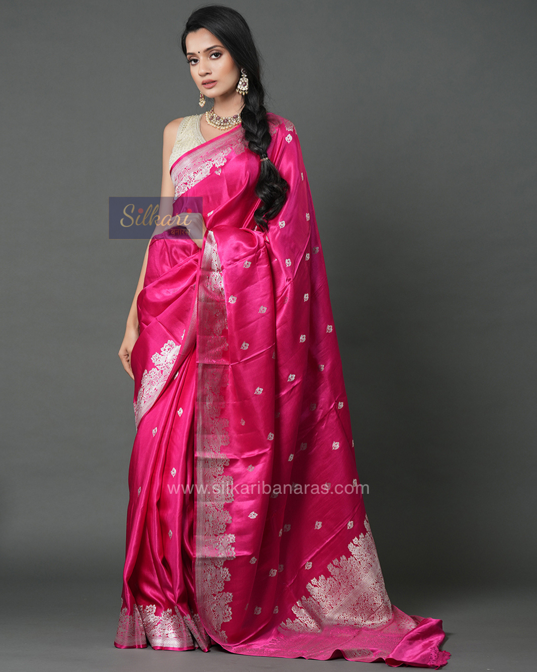 Handwoven Mashru Silk Saree in Barbie Pink