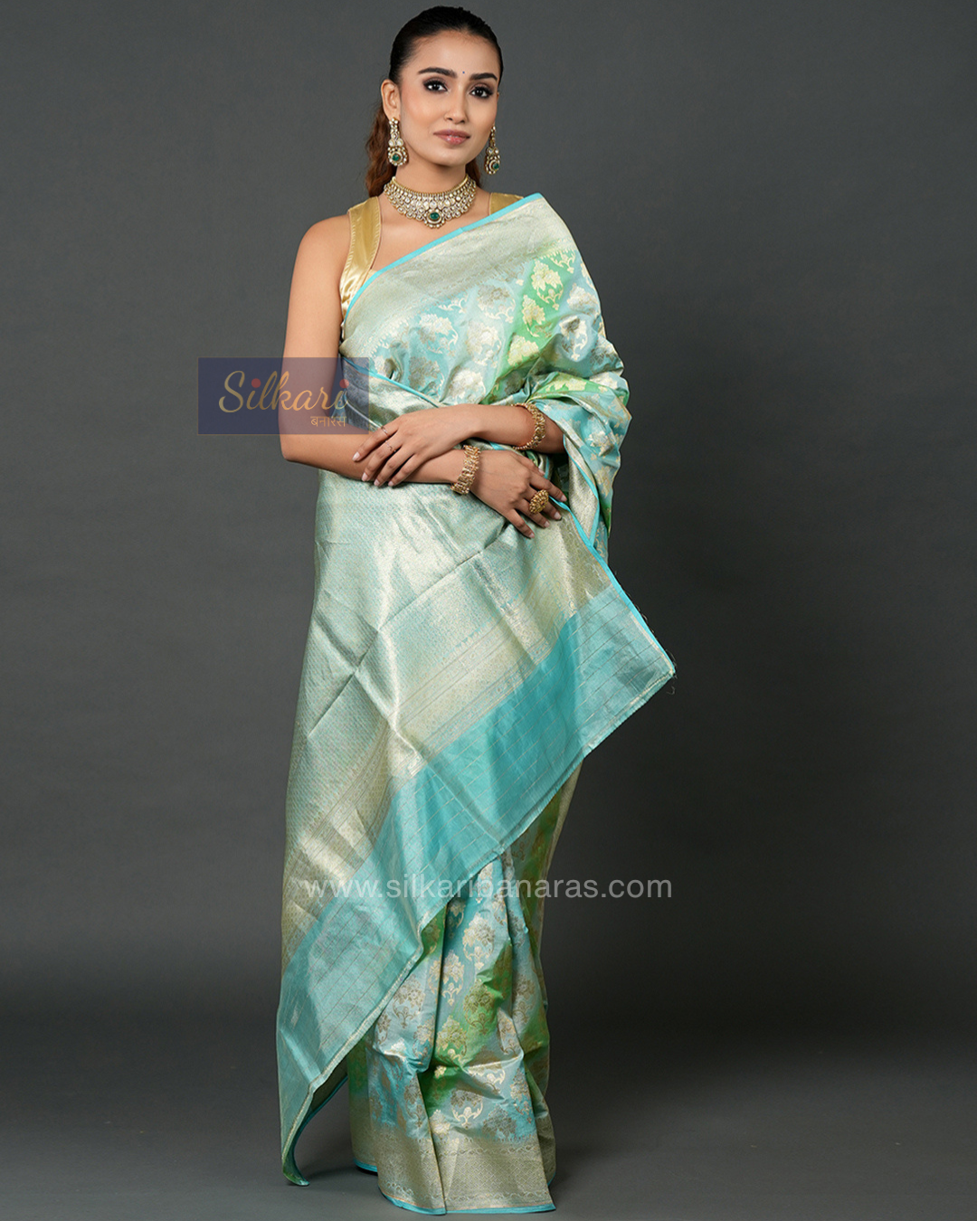 Sky Blue & Sea Green Banarasi Silk Saree with Floral Zari Weave - Tissue Katan Silk