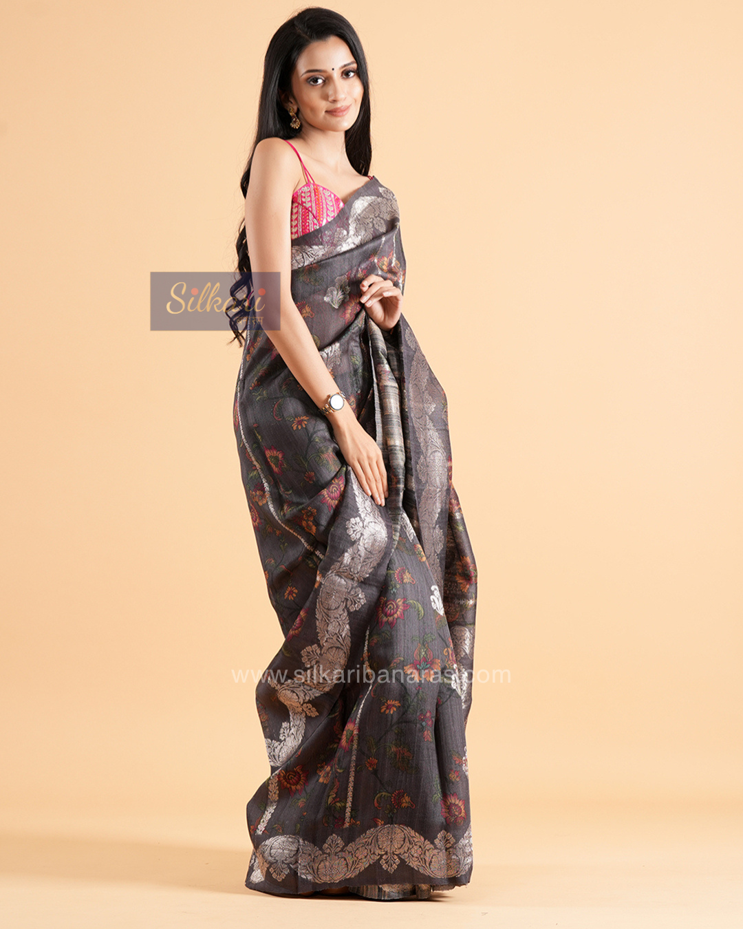 Banarasi Tussar Silk Saree in Charcoal Grey