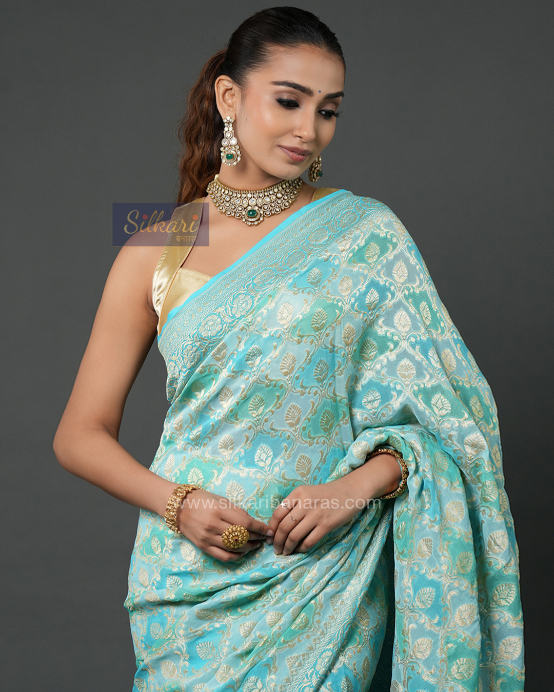 Banarasi Khaddi Georgette Saree in Turquoise Blue