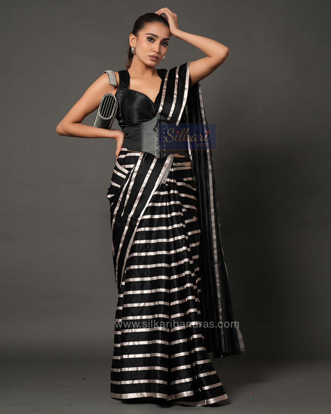 Midnight Glam Striped Designer Saree in Black & Silver