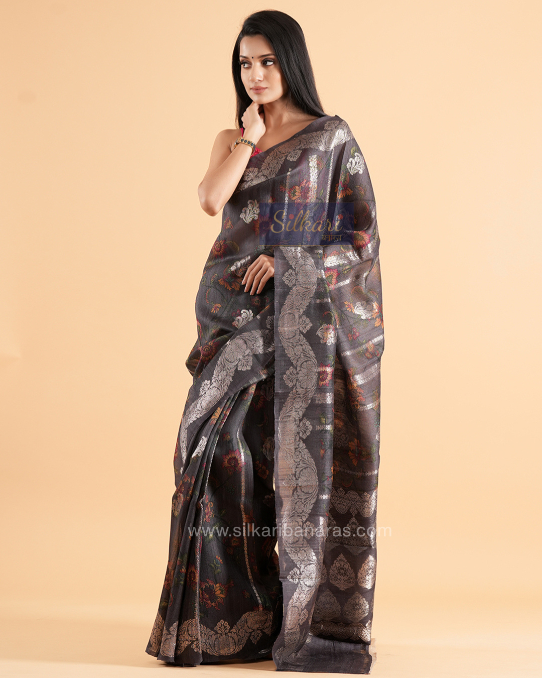 Banarasi Tussar Silk Saree in Charcoal Grey