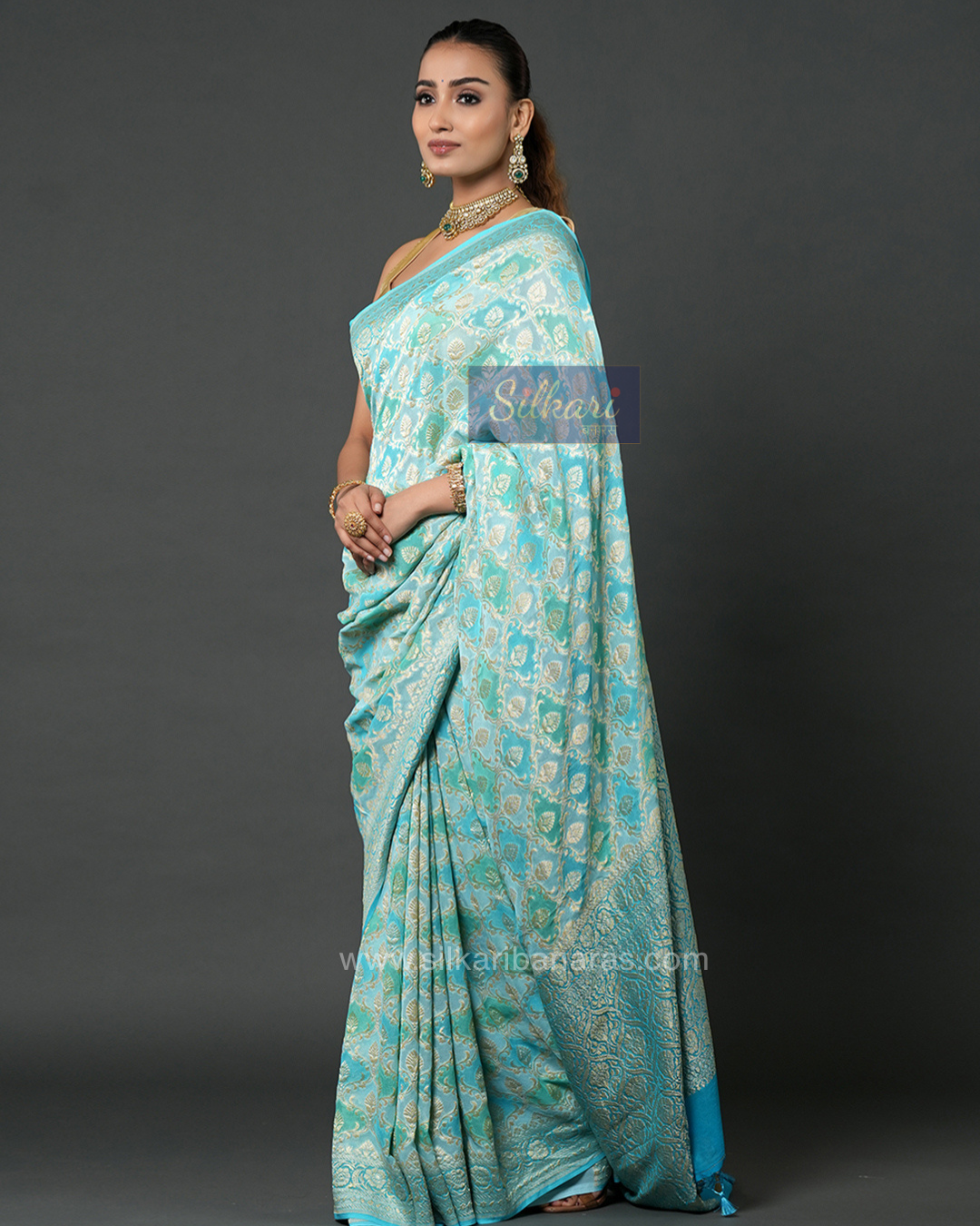 Banarasi Khaddi Georgette Saree in Turquoise Blue