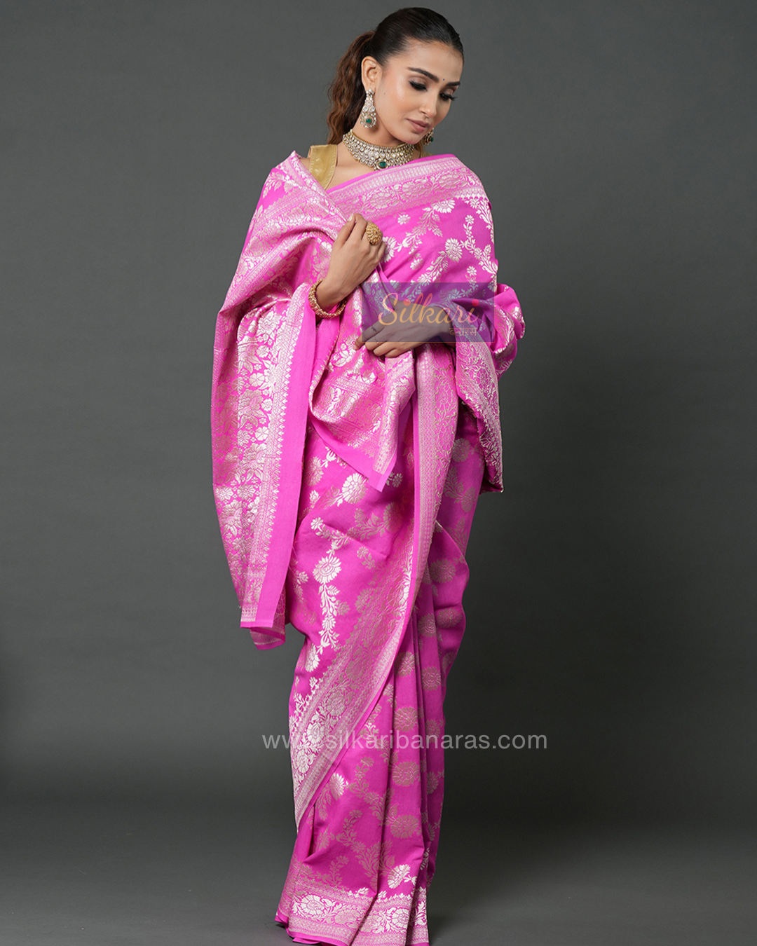 Magenta Pink Banarasi Moonga Silk Saree