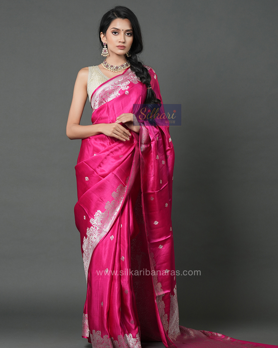 Handwoven Mashru Silk Saree in Barbie Pink