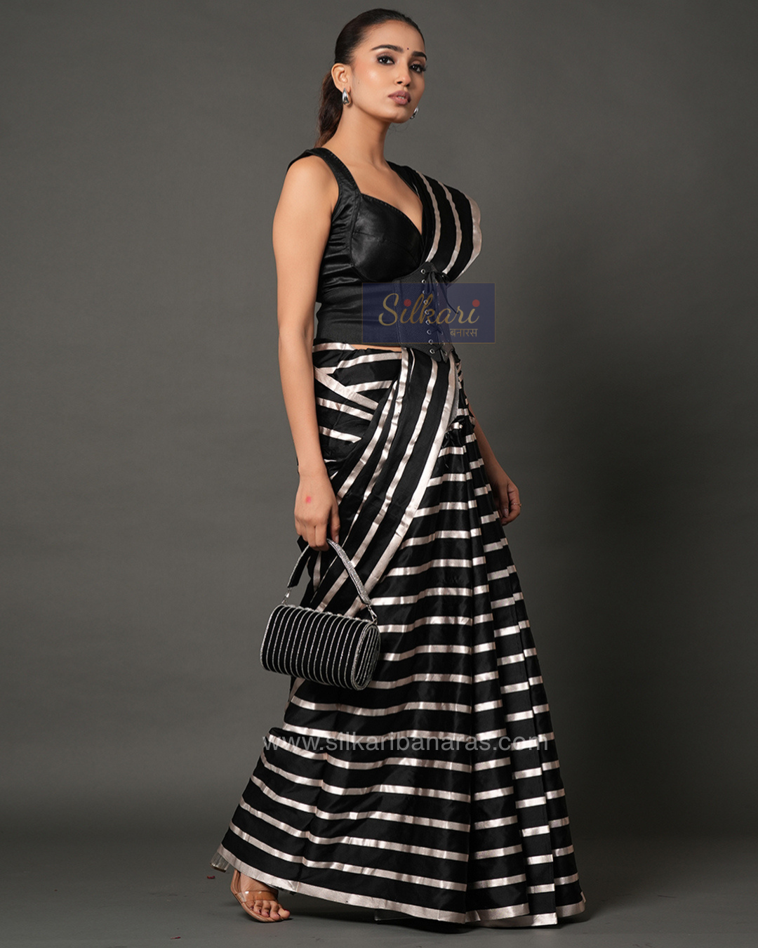Midnight Glam Striped Designer Saree in Black & Silver