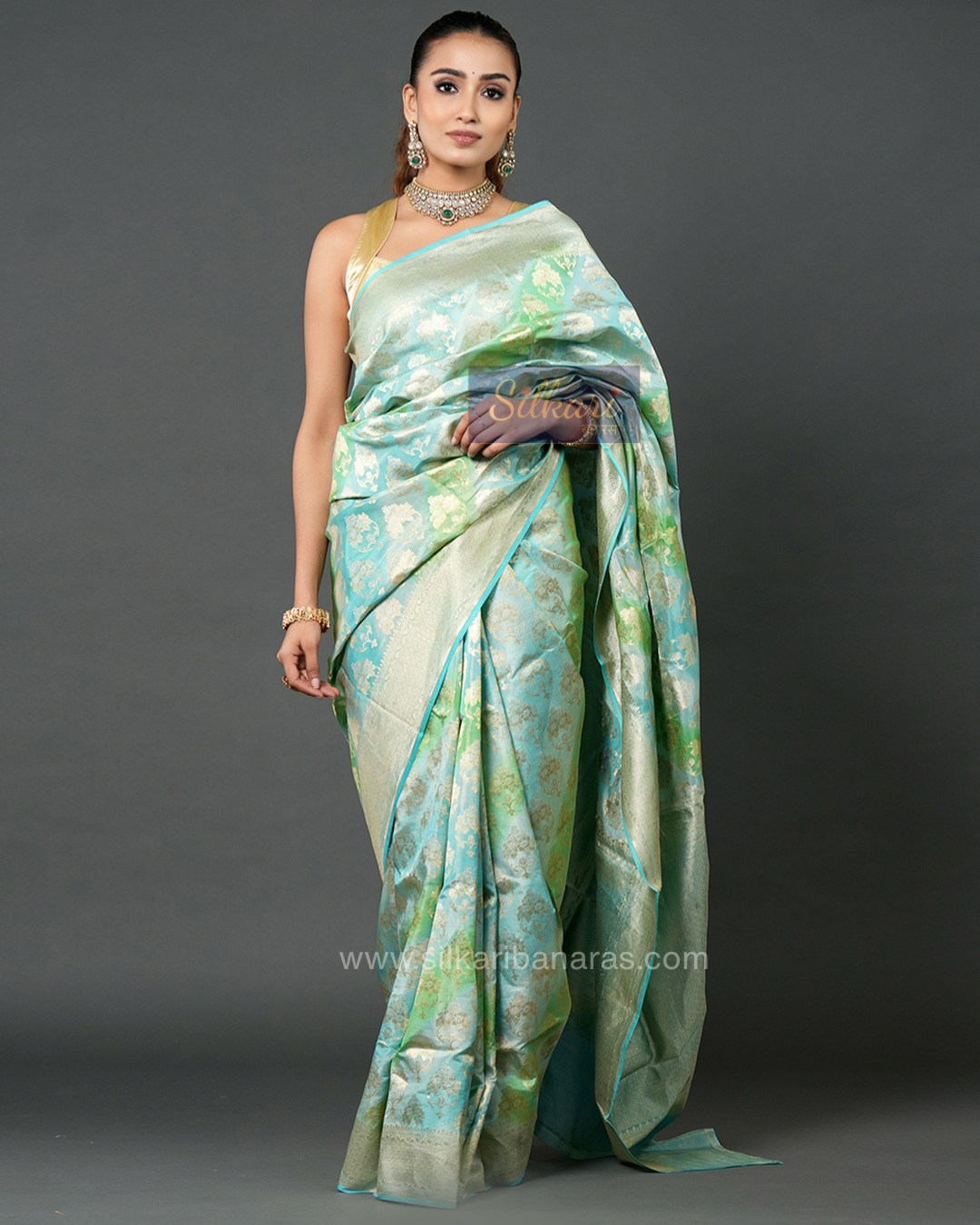 Sky Blue & Sea Green Banarasi Silk Saree with Floral Zari Weave - Tissue Katan Silk