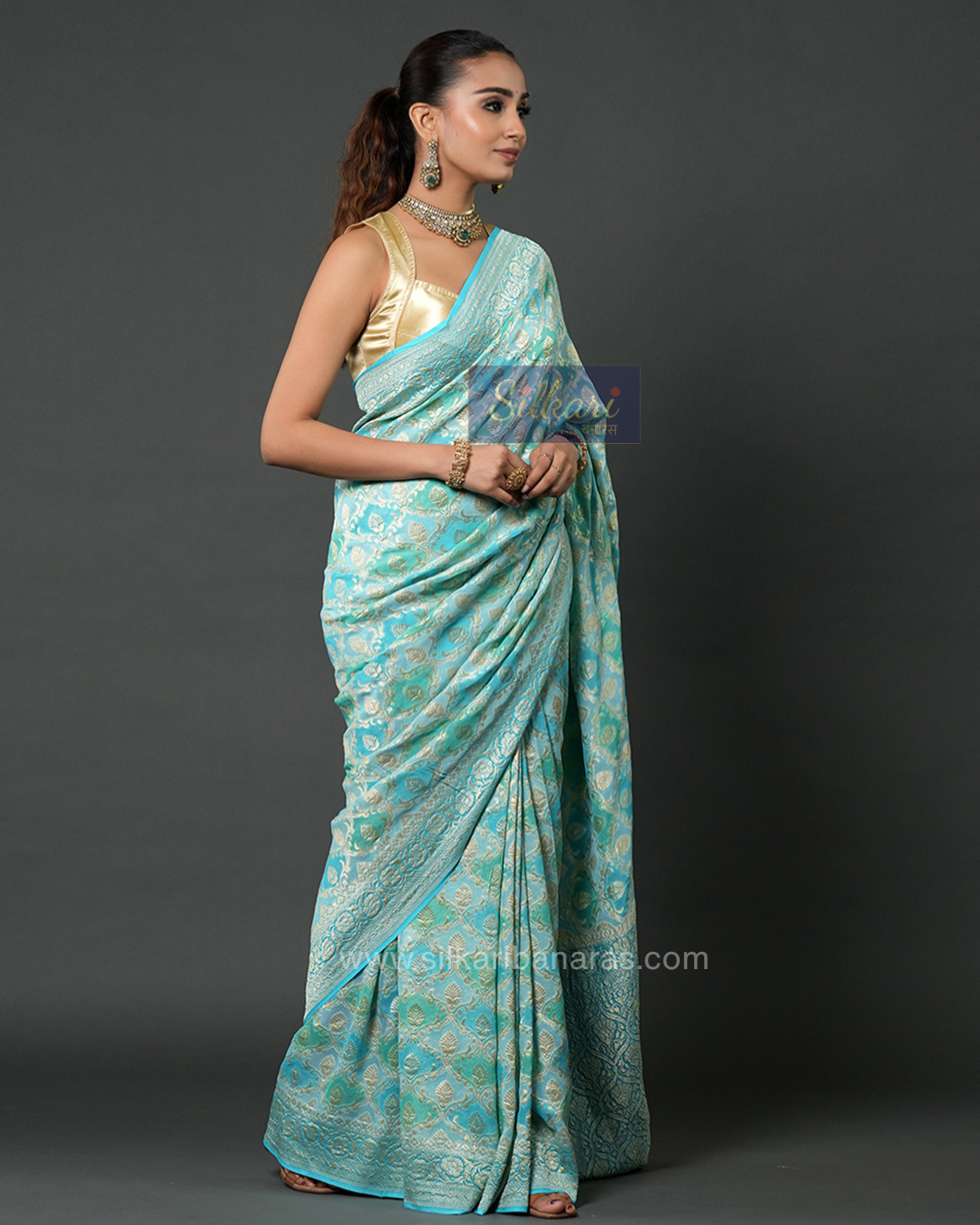 Banarasi Khaddi Georgette Saree in Turquoise Blue