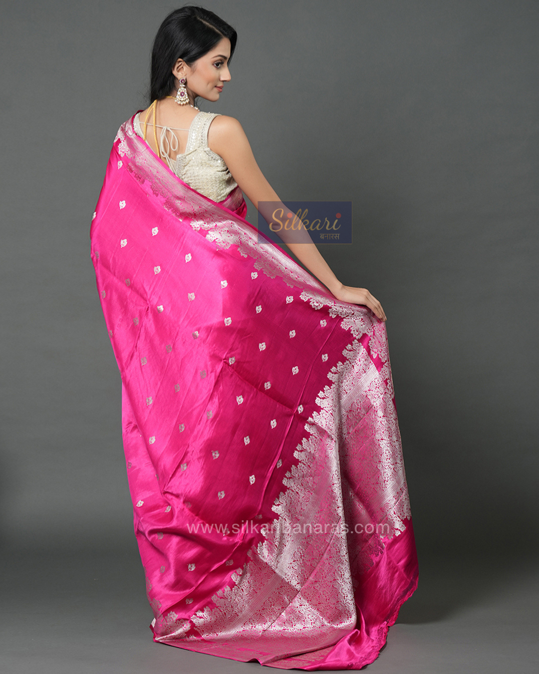 Handwoven Mashru Silk Saree in Barbie Pink