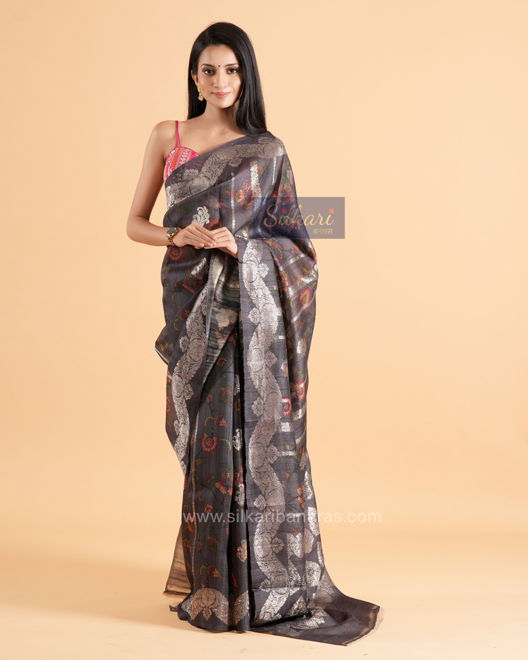 Banarasi Tussar Silk Saree in Charcoal Grey