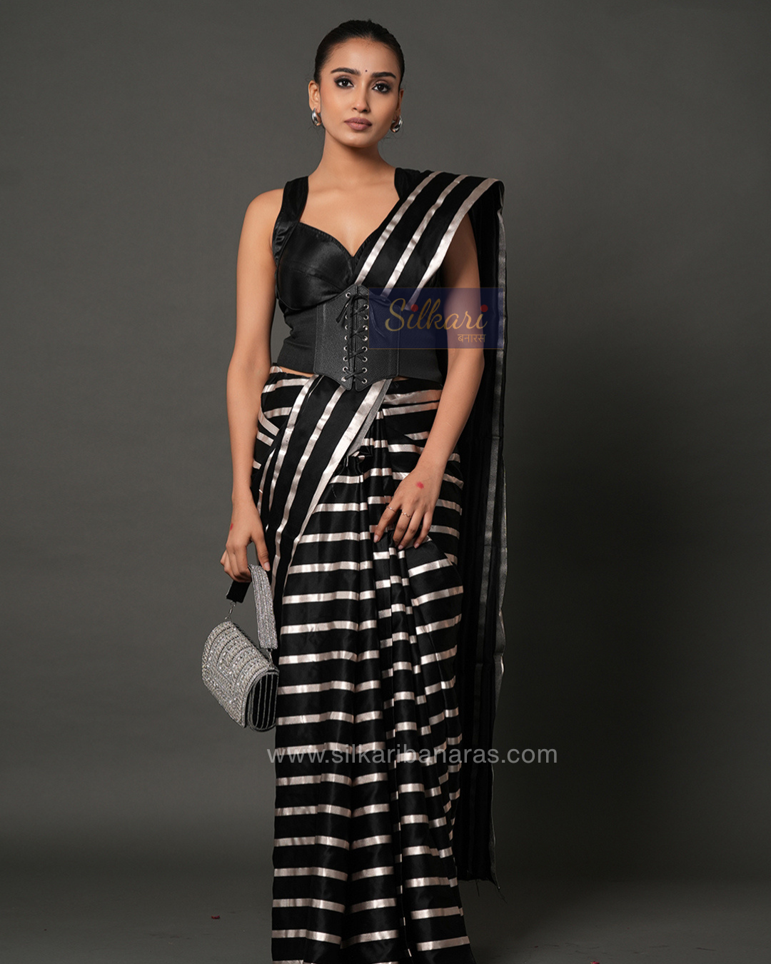 Midnight Glam Striped Designer Saree in Black & Silver