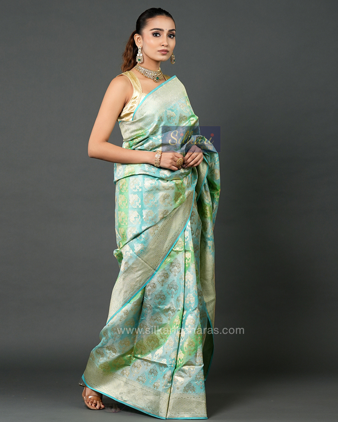 Sky Blue & Sea Green Banarasi Silk Saree with Floral Zari Weave - Tissue Katan Silk