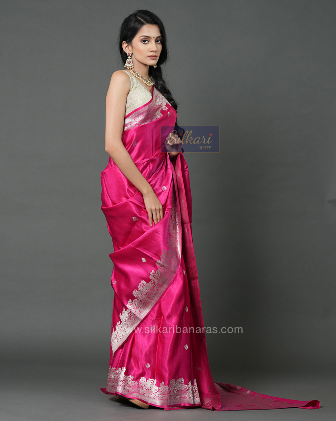 Handwoven Mashru Silk Saree in Barbie Pink