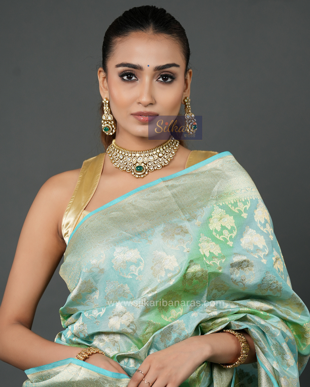 Sky Blue & Sea Green Banarasi Silk Saree with Floral Zari Weave - Tissue Katan Silk