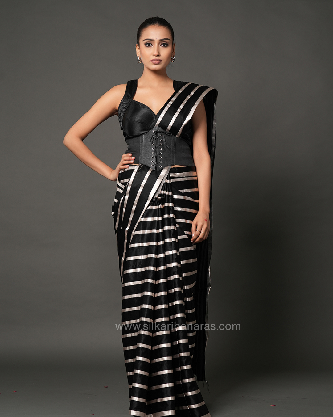 Midnight Glam Striped Designer Saree in Black & Silver