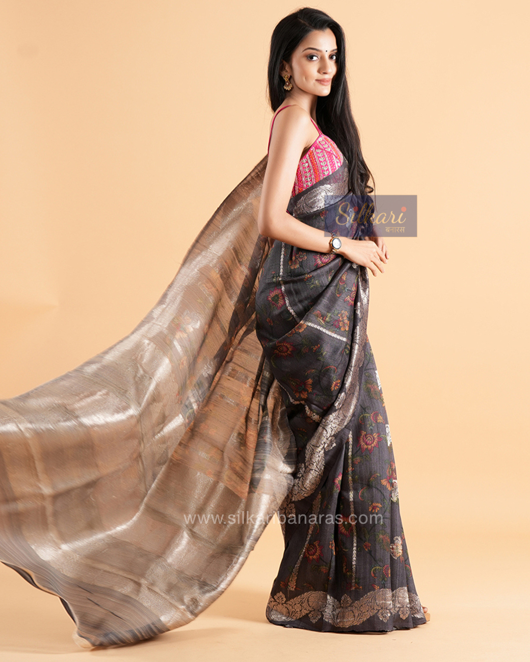 Banarasi Tussar Silk Saree in Charcoal Grey