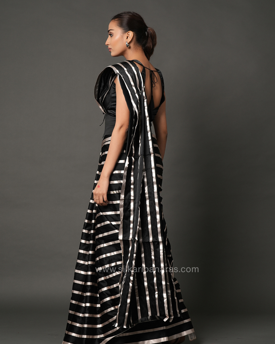 Midnight Glam Striped Designer Saree in Black & Silver