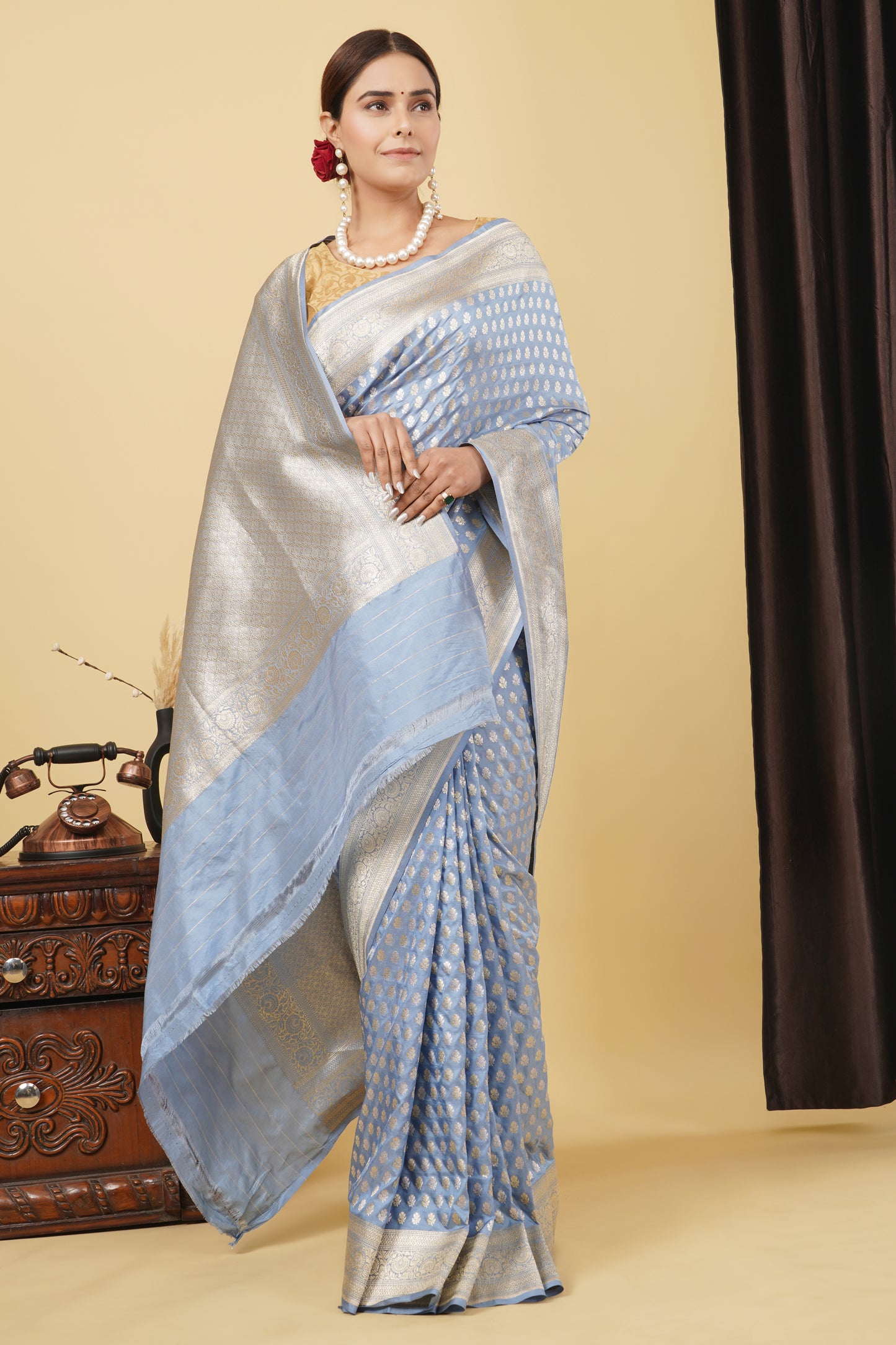 Katan Silk Saree – Blue Grey