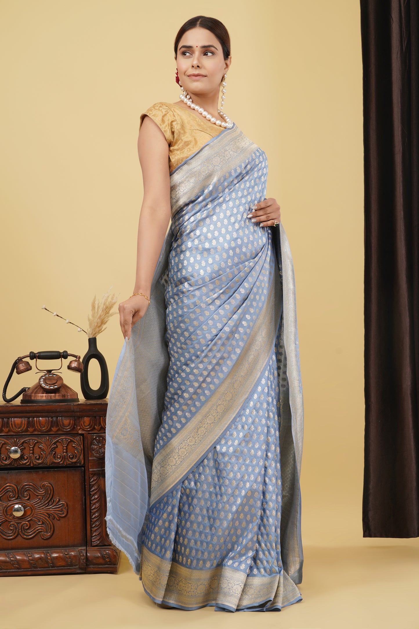 Katan Silk Saree – Blue Grey