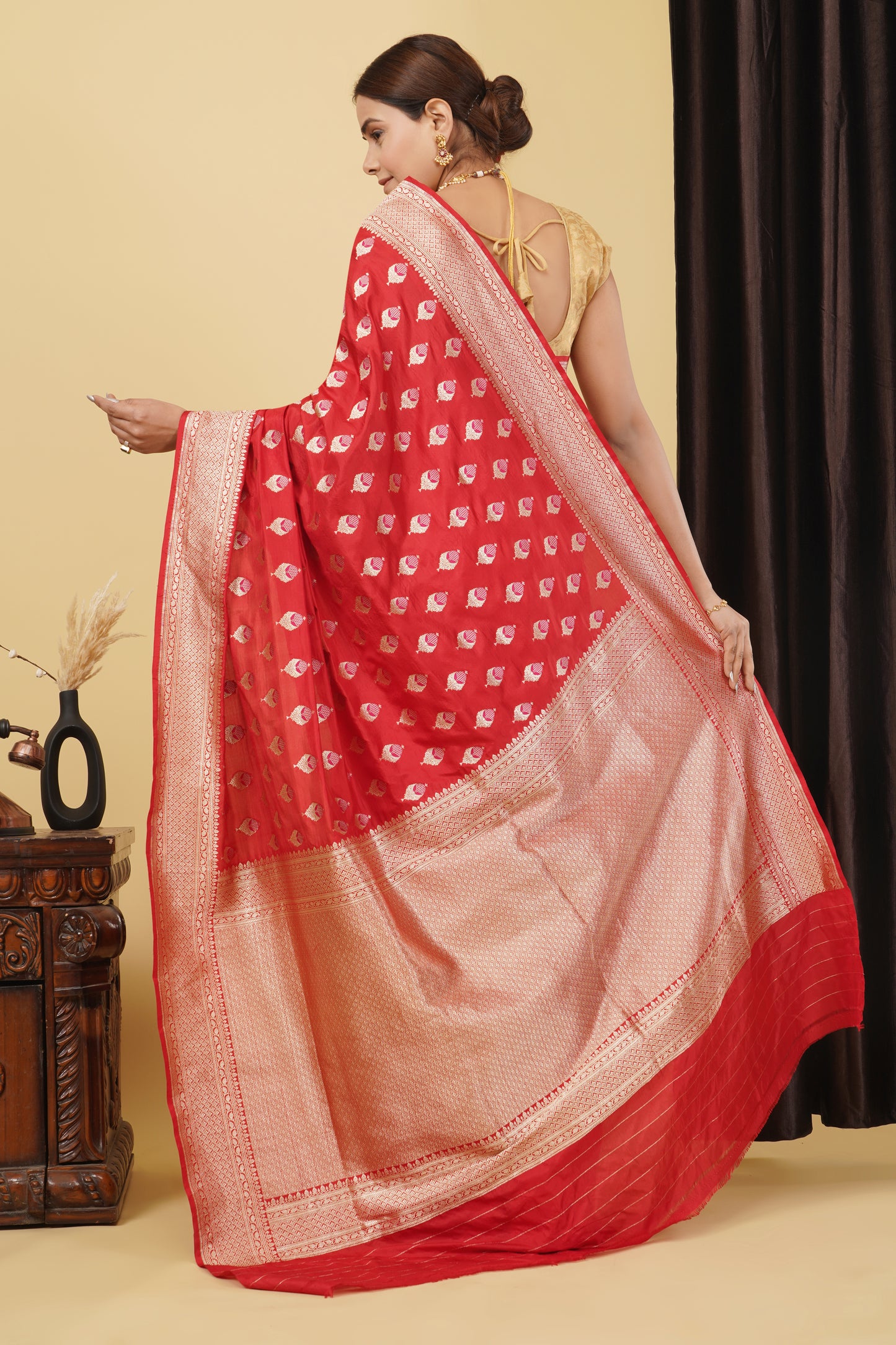 Kataan Silk Saree – Red with Coin Bota