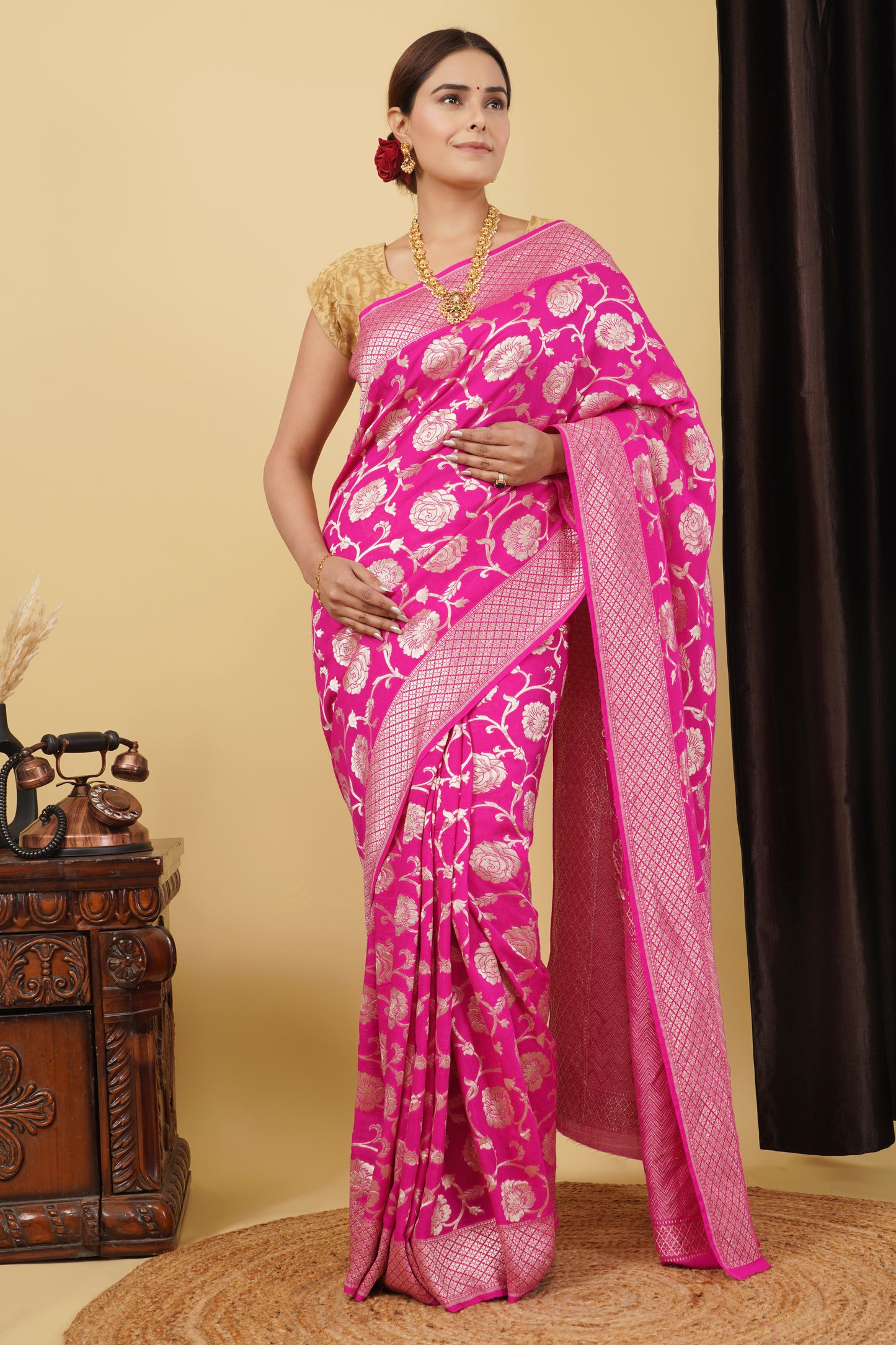 Monga Silk Saree – Hot Pink