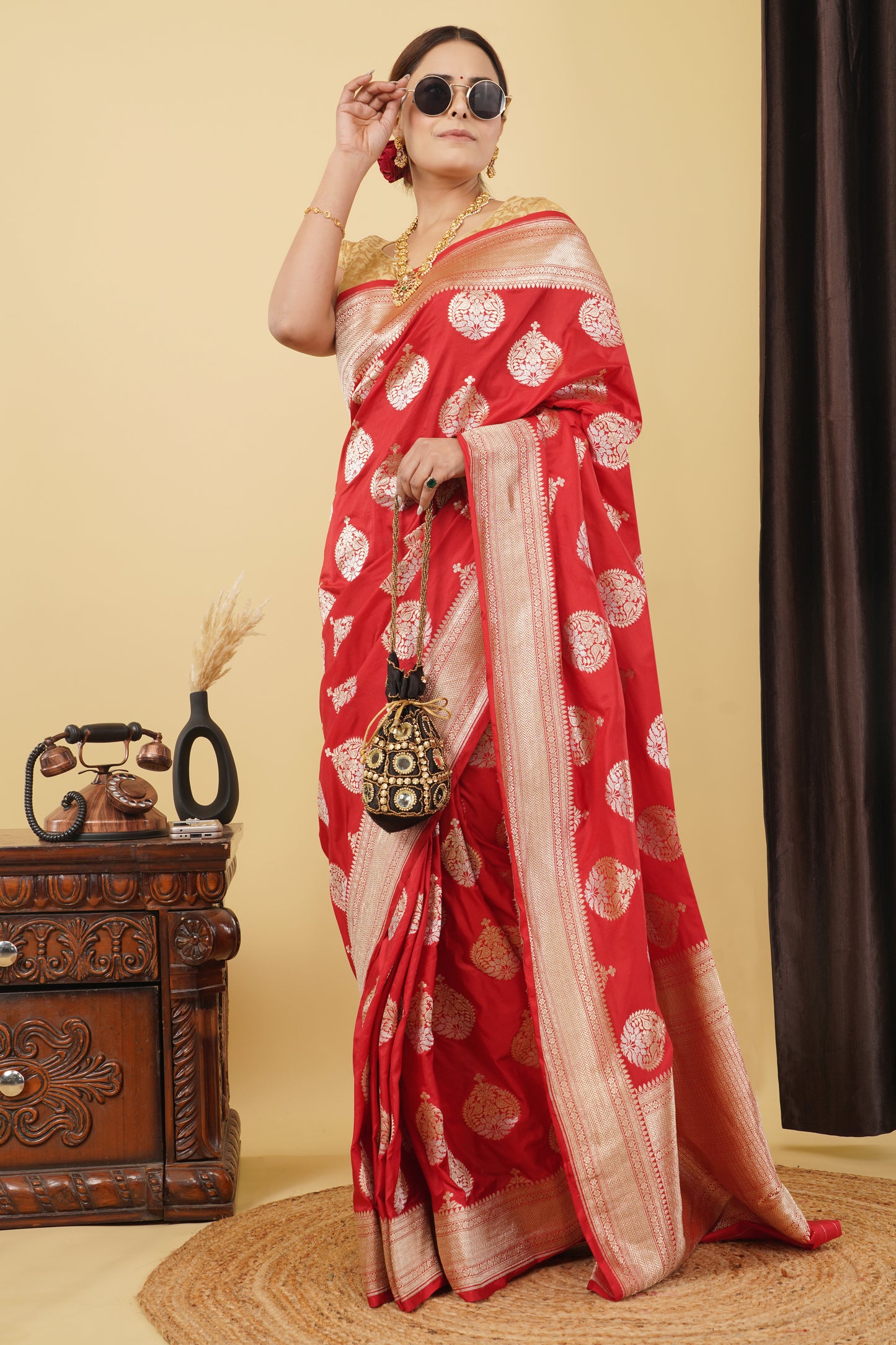 Katan Silk Saree – Red With Paisley Bota
