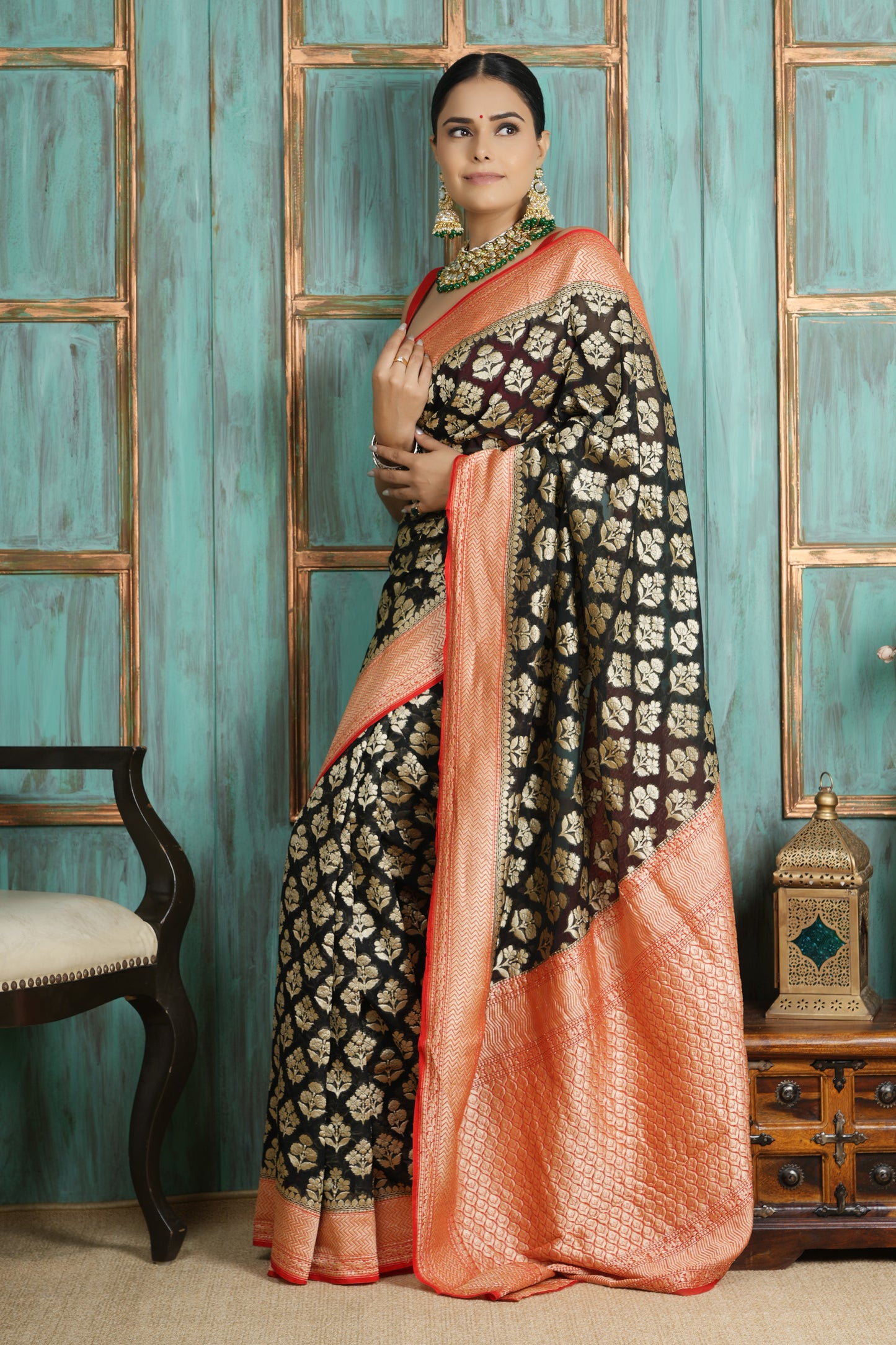 Khaddi Georgette Saree - Golden Radiance Red & Black
