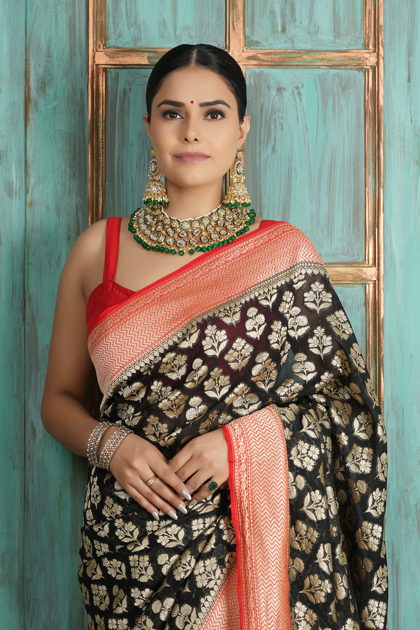 Khaddi Georgette Saree - Golden Radiance Red & Black