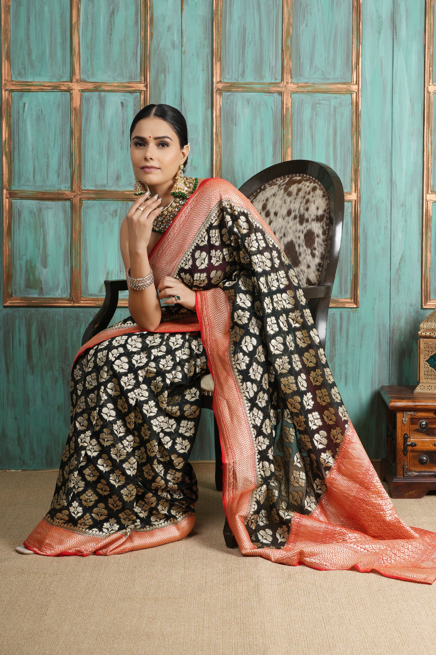 Khaddi Georgette Saree - Golden Radiance Red & Black