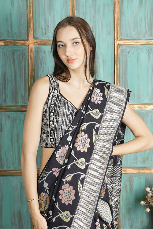 Tussar Silk Saree – Black with Floral Bota