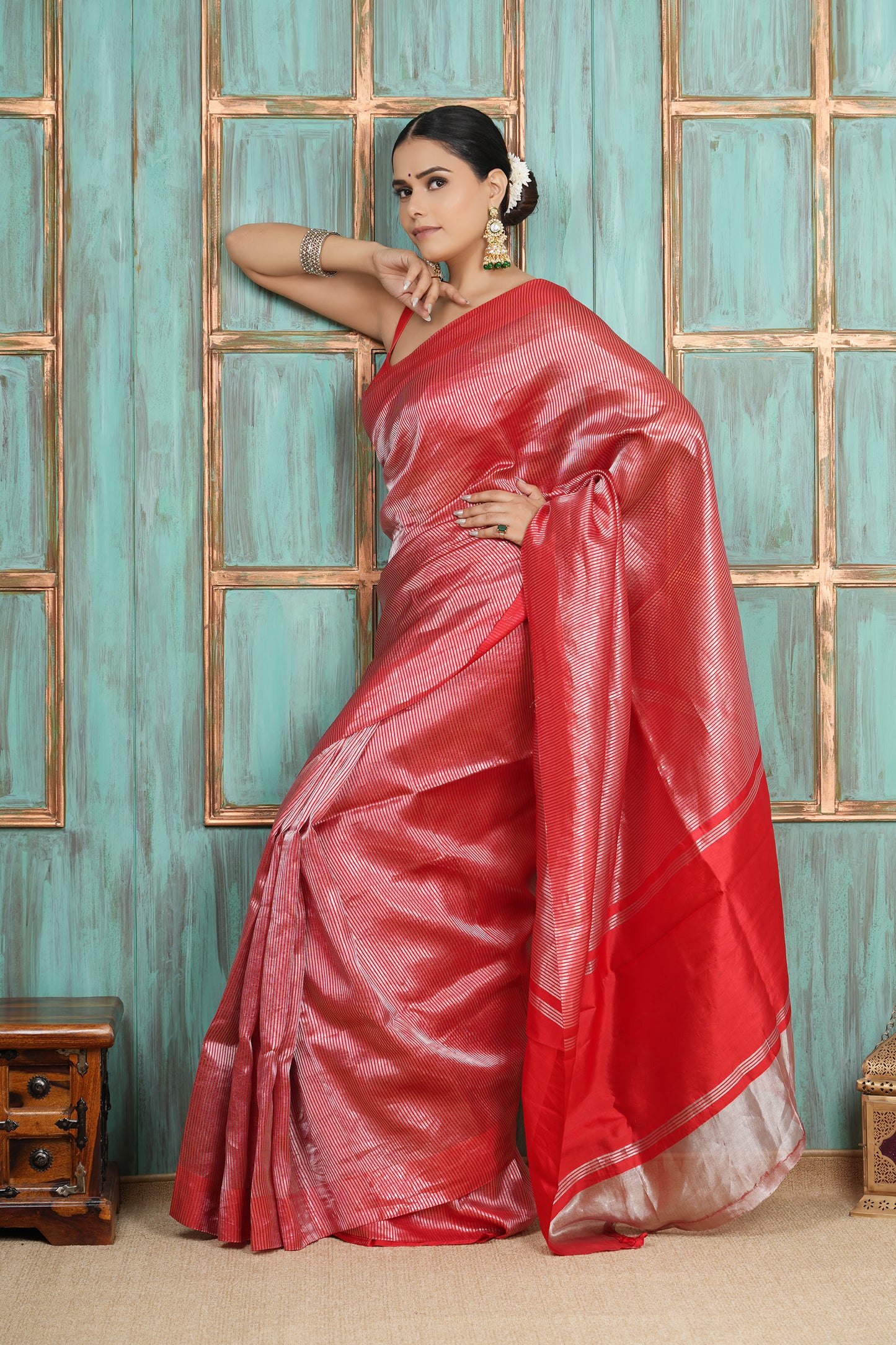 Tissue Saree - Red with Silver Zari