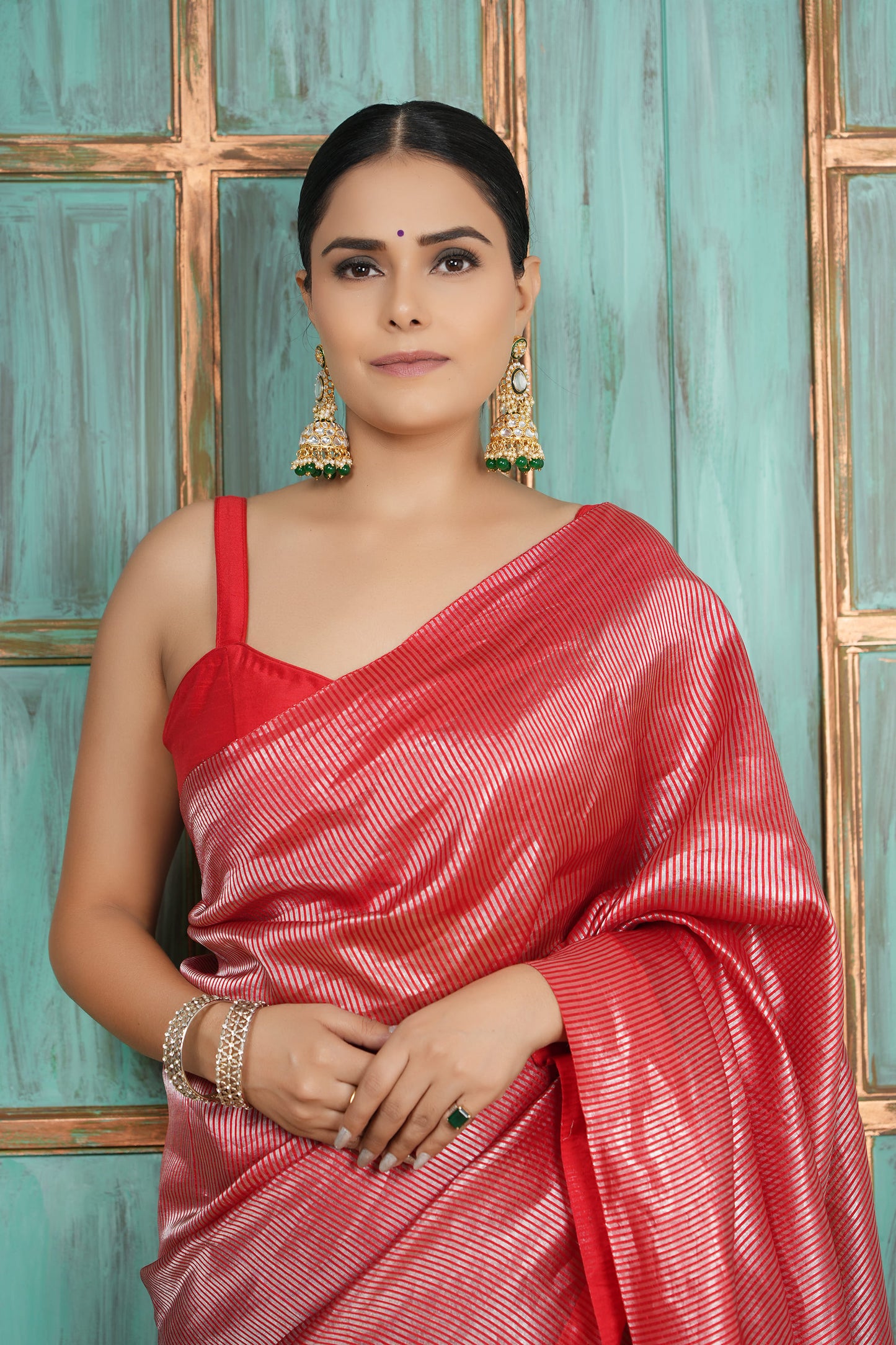 Tissue Saree - Red with Silver Zari