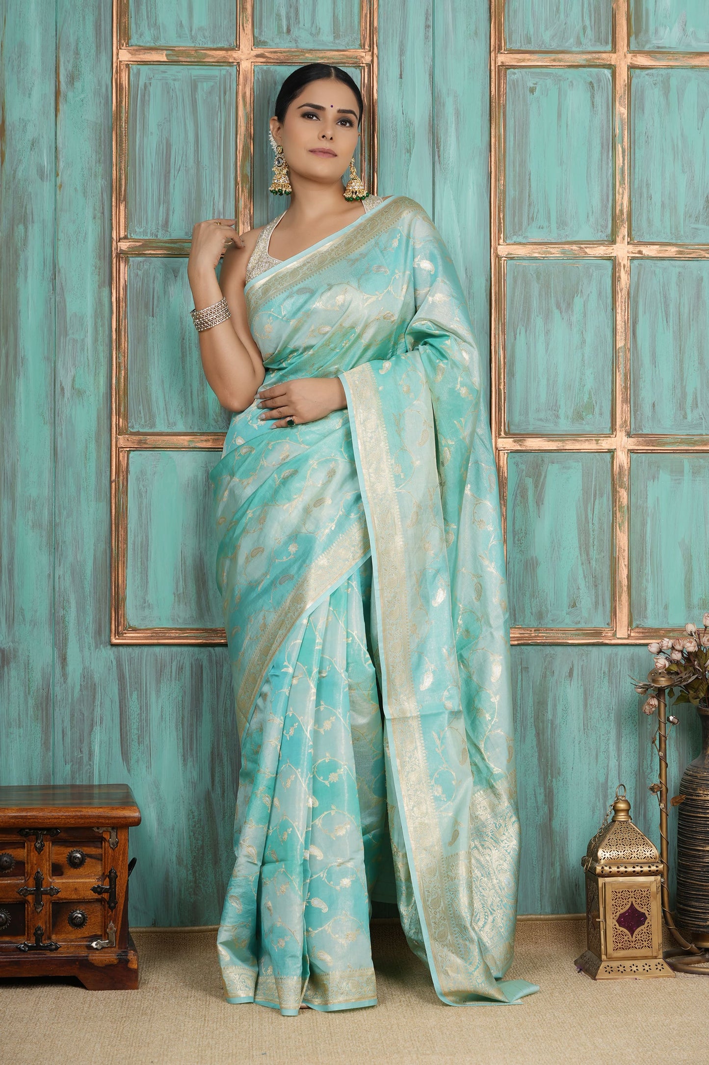 Tissue Saree - Aqua
