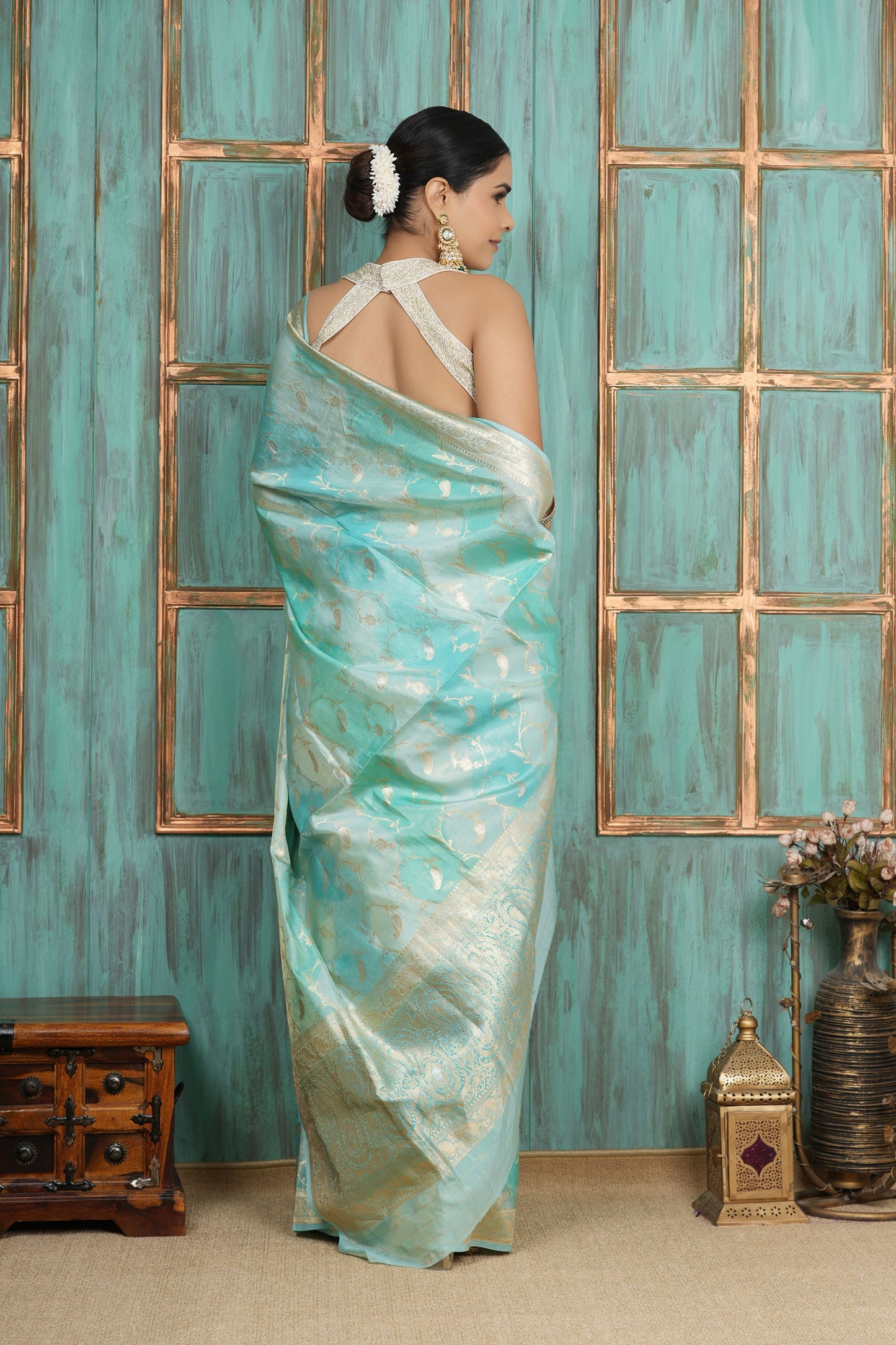 Tissue Saree - Aqua