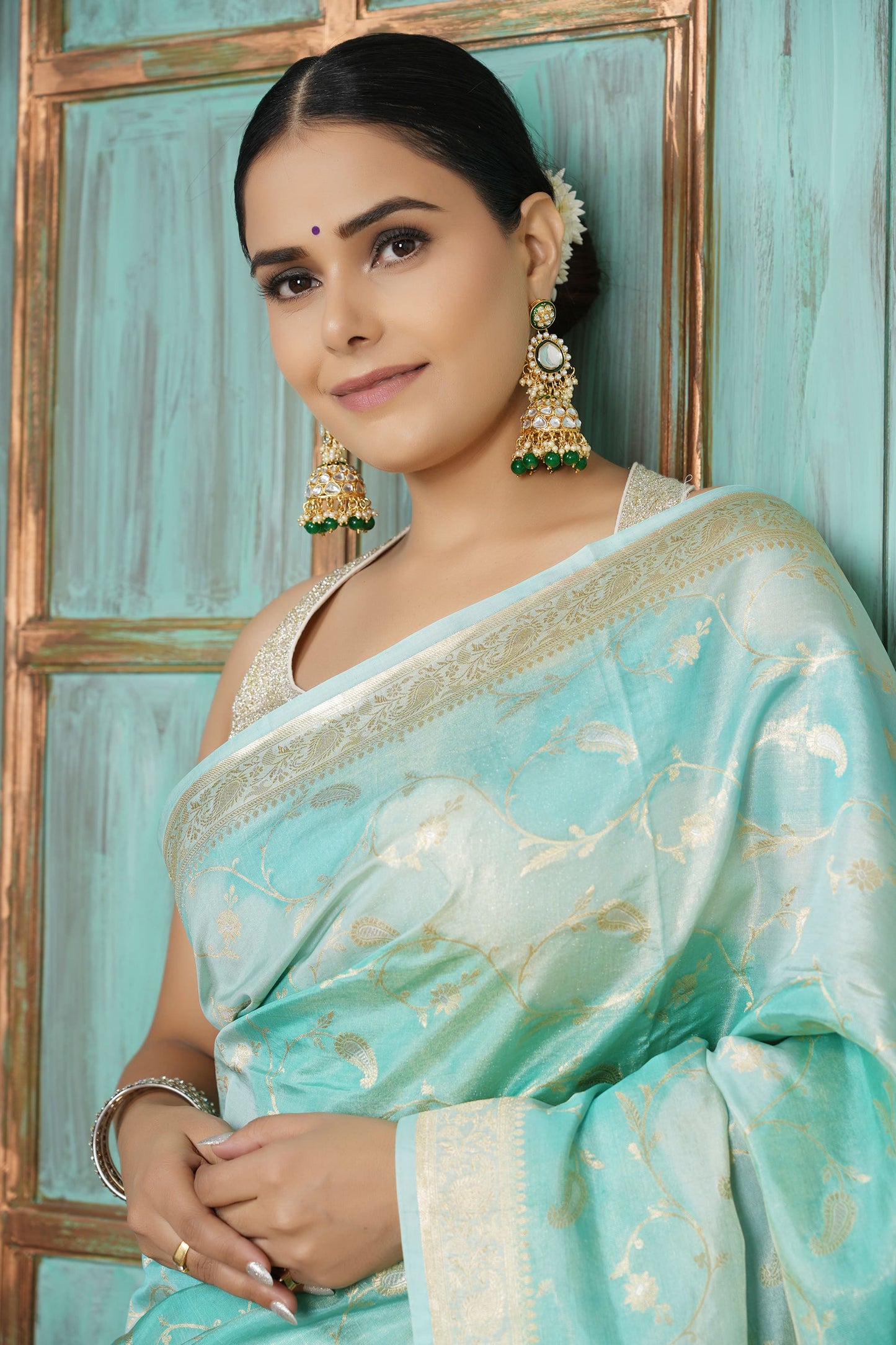 Tissue Saree - Aqua