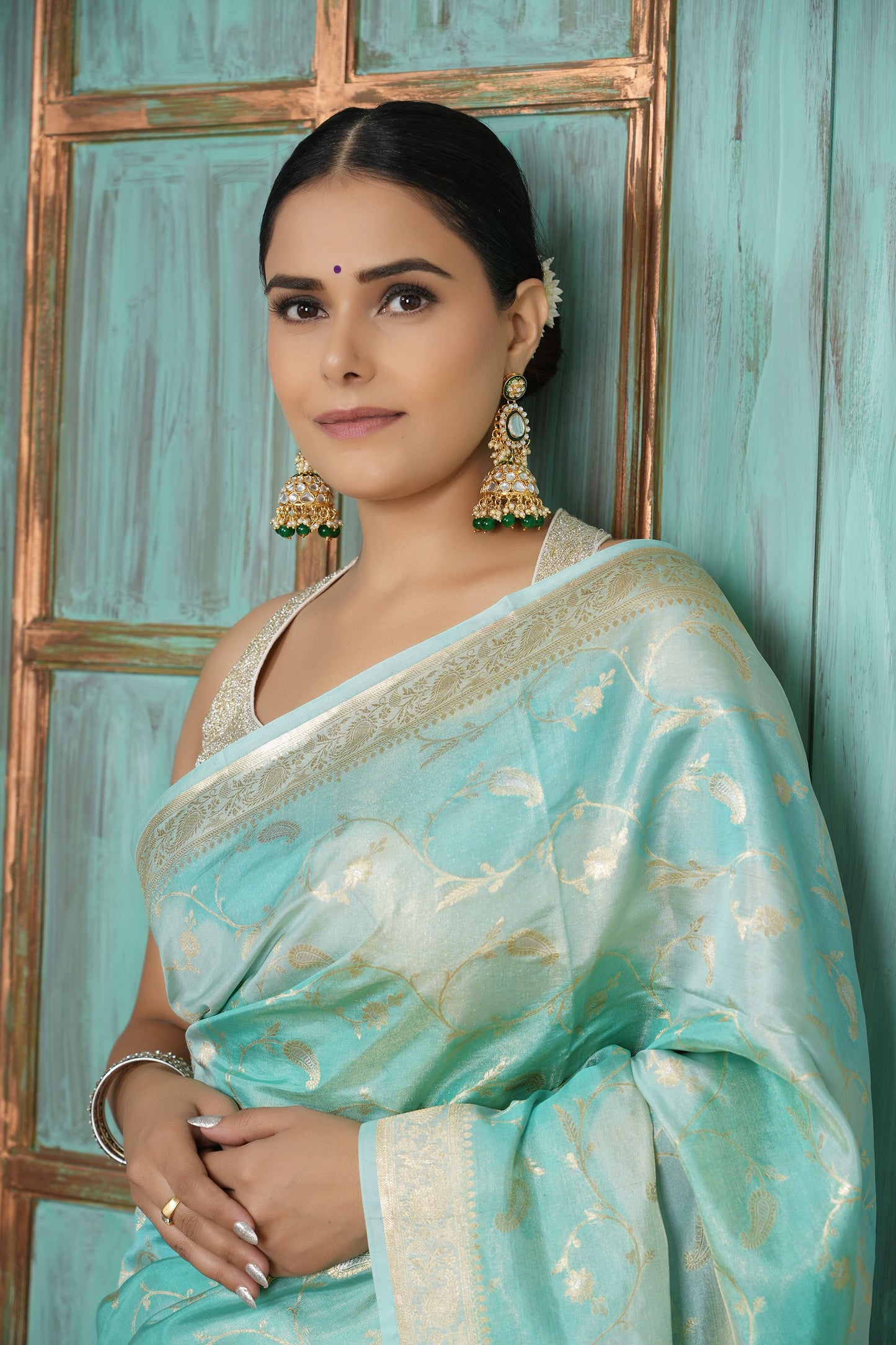 Tissue Saree - Aqua