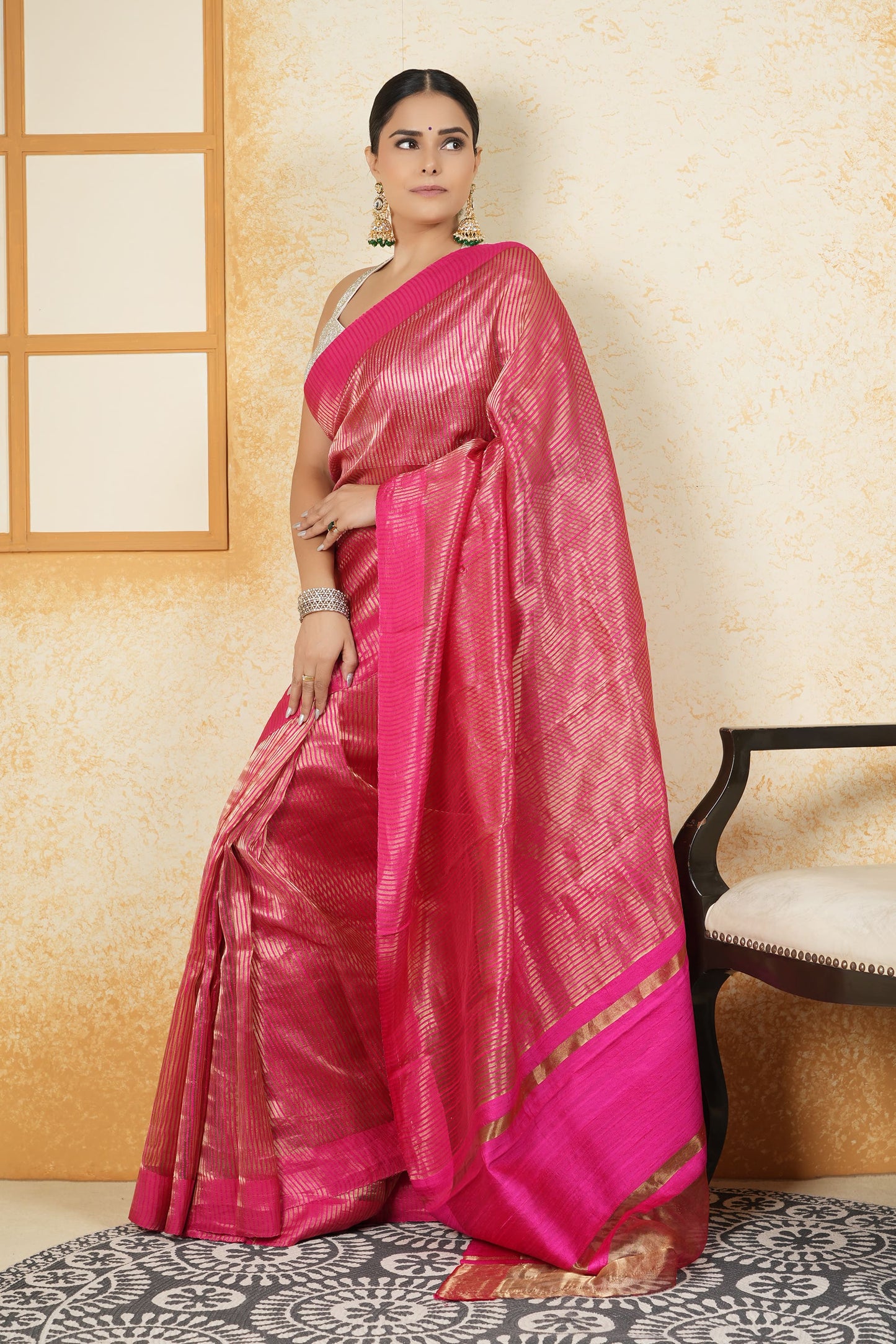 Tissue Saree - Rani Pink with Silver Zari