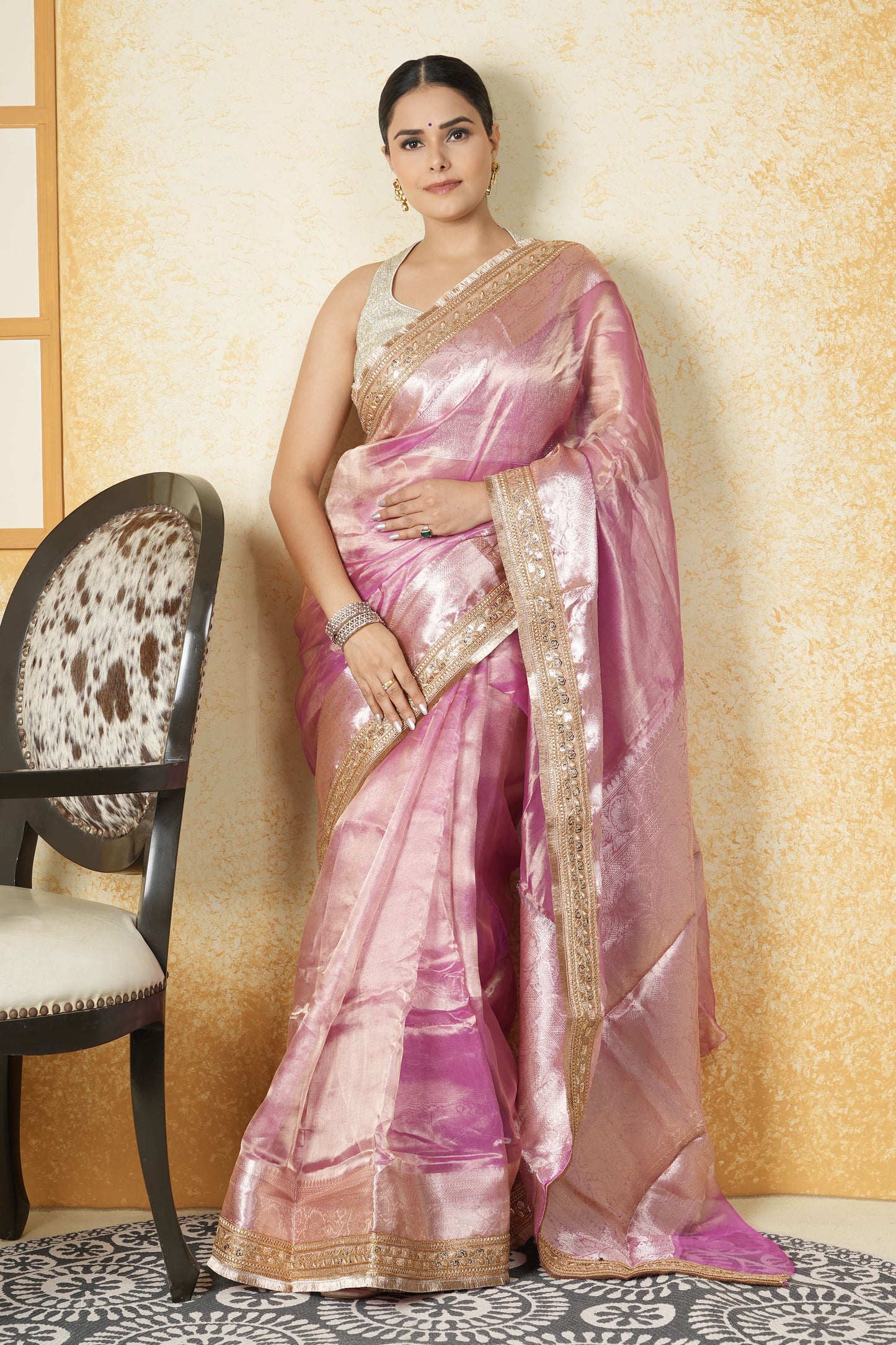 Tissue Saree - Pink with Golden Border