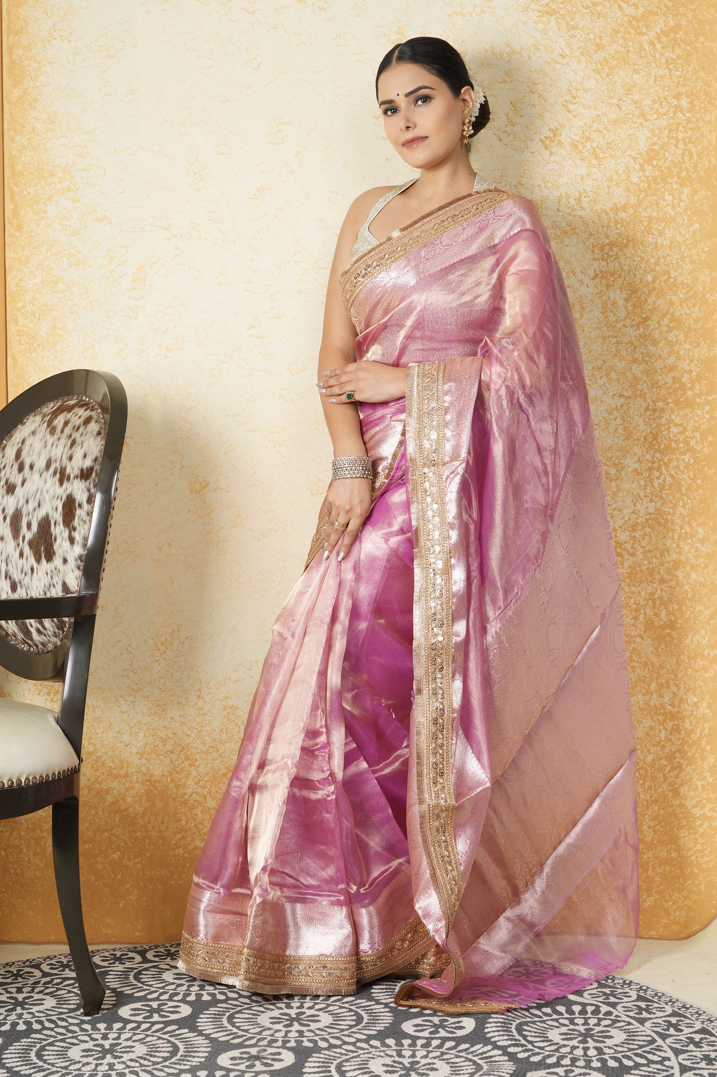 Tissue Saree - Pink with Golden Border