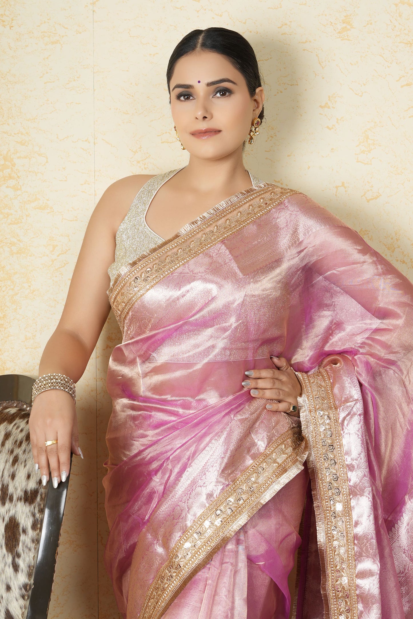 Tissue Saree - Pink with Golden Border