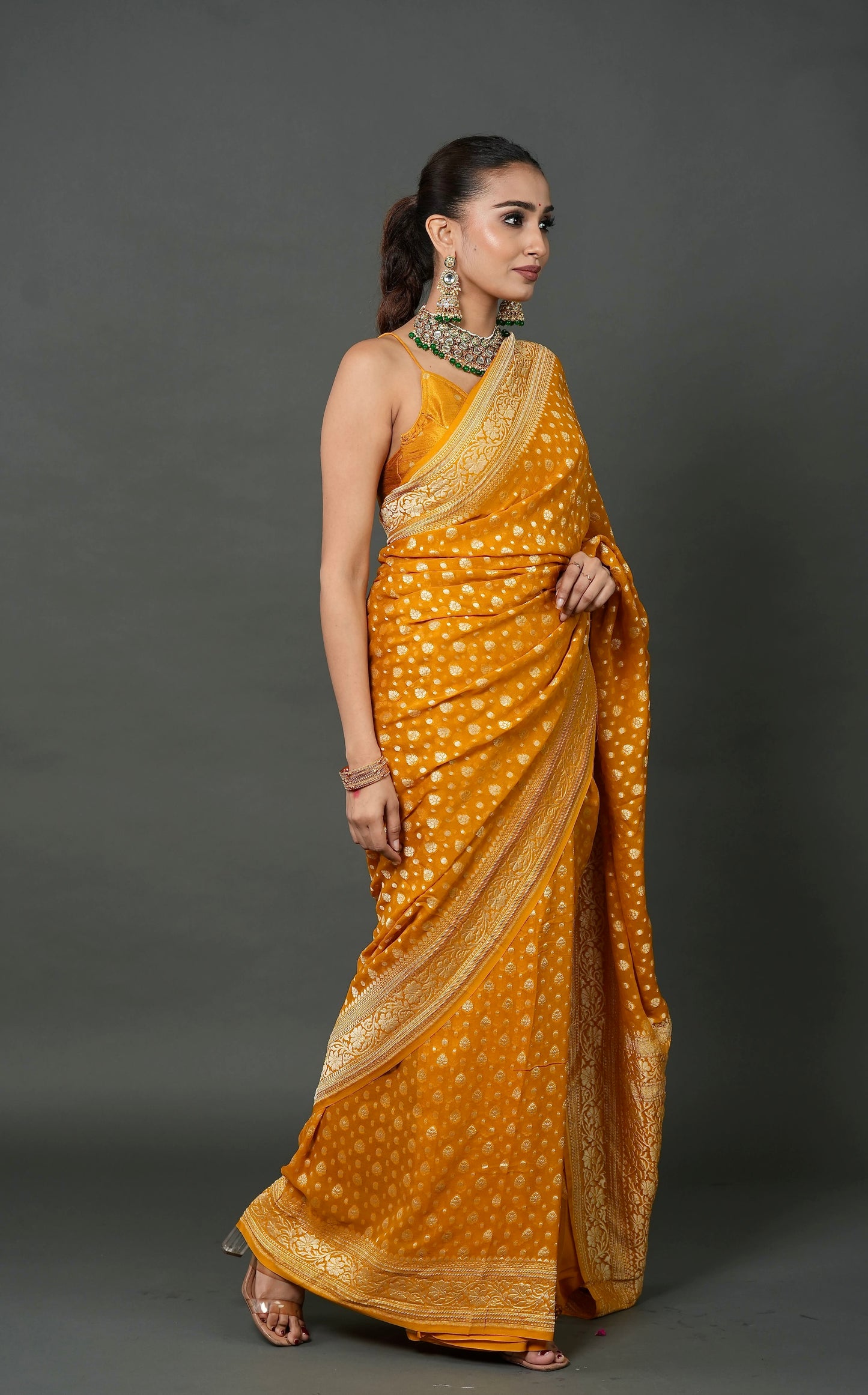 Khaddi Georgette Saree – Mustard Glow