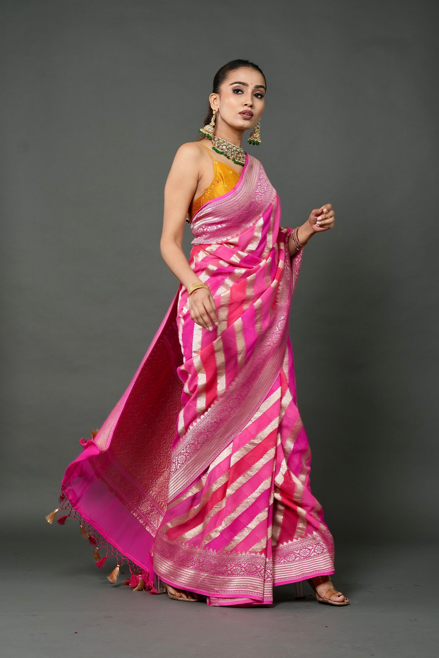 Khaddi Georgette Saree – Pink Rangkat with Champagne Zari