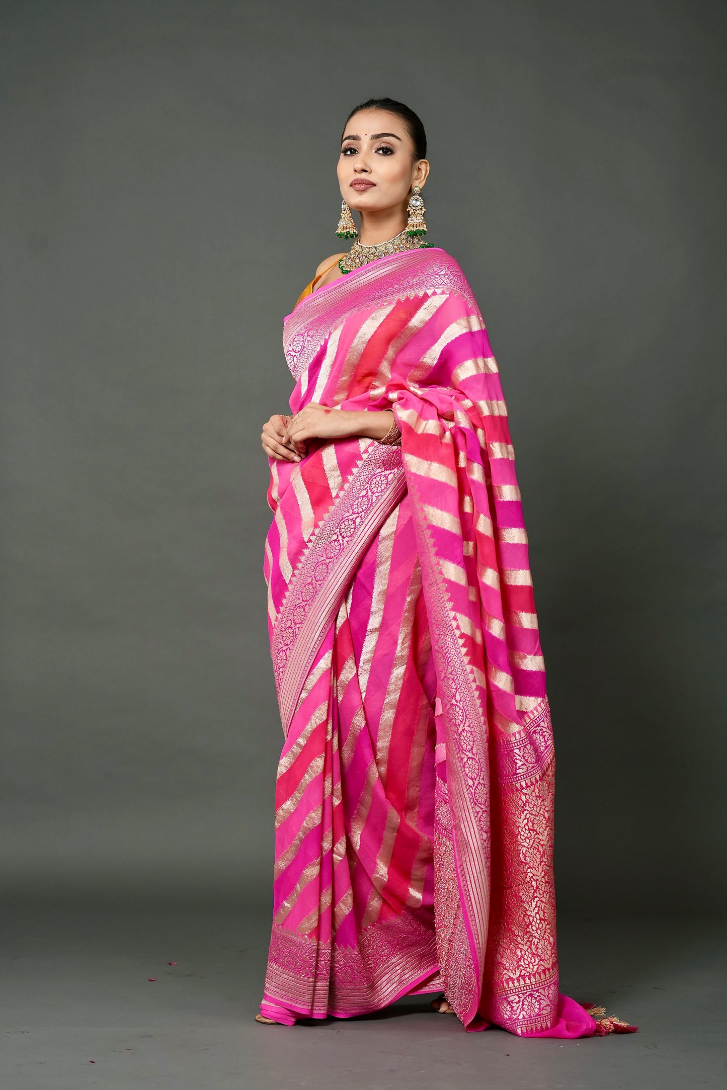 Khaddi Georgette Saree – Pink Rangkat with Champagne Zari