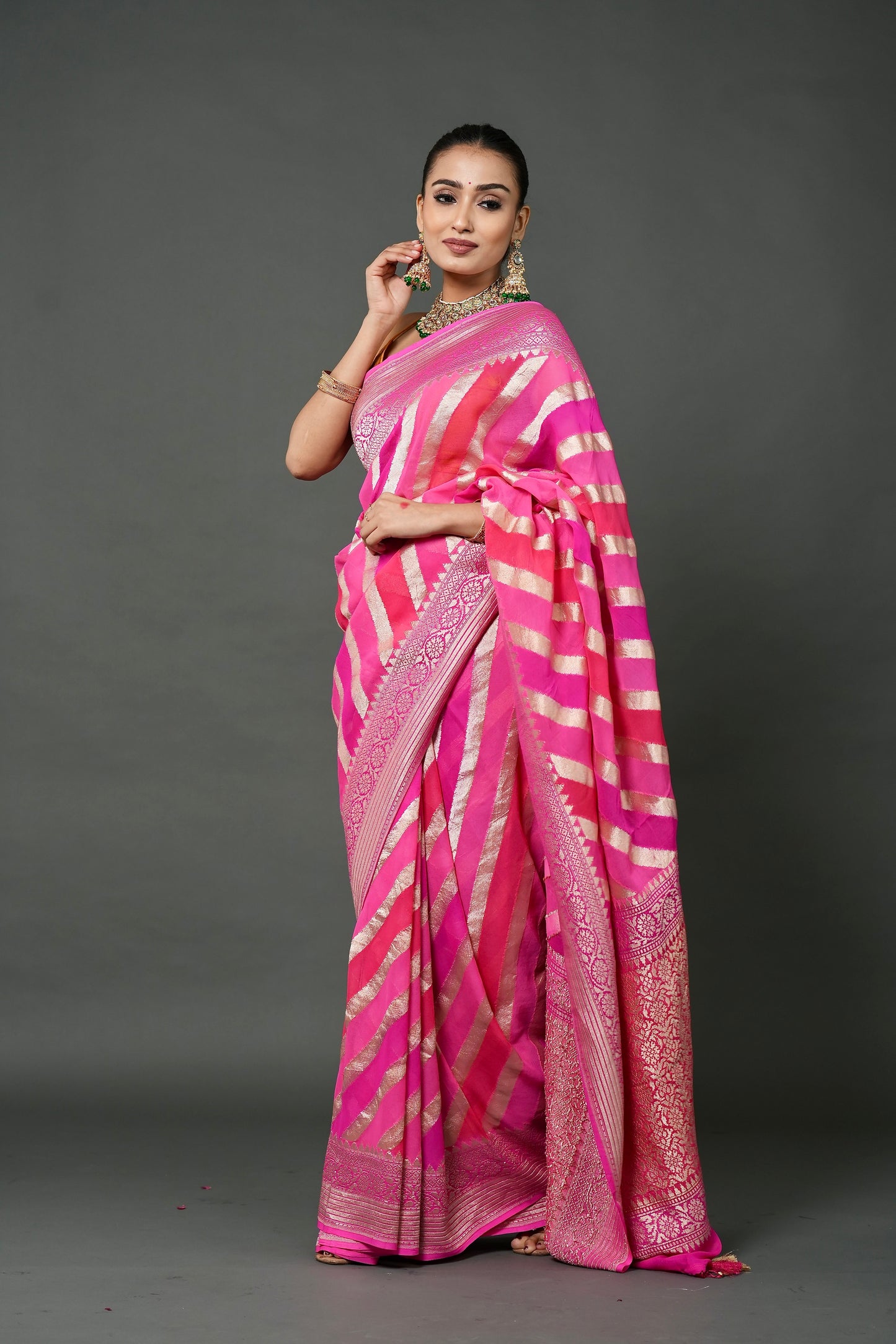 Khaddi Georgette Saree – Pink Rangkat with Champagne Zari